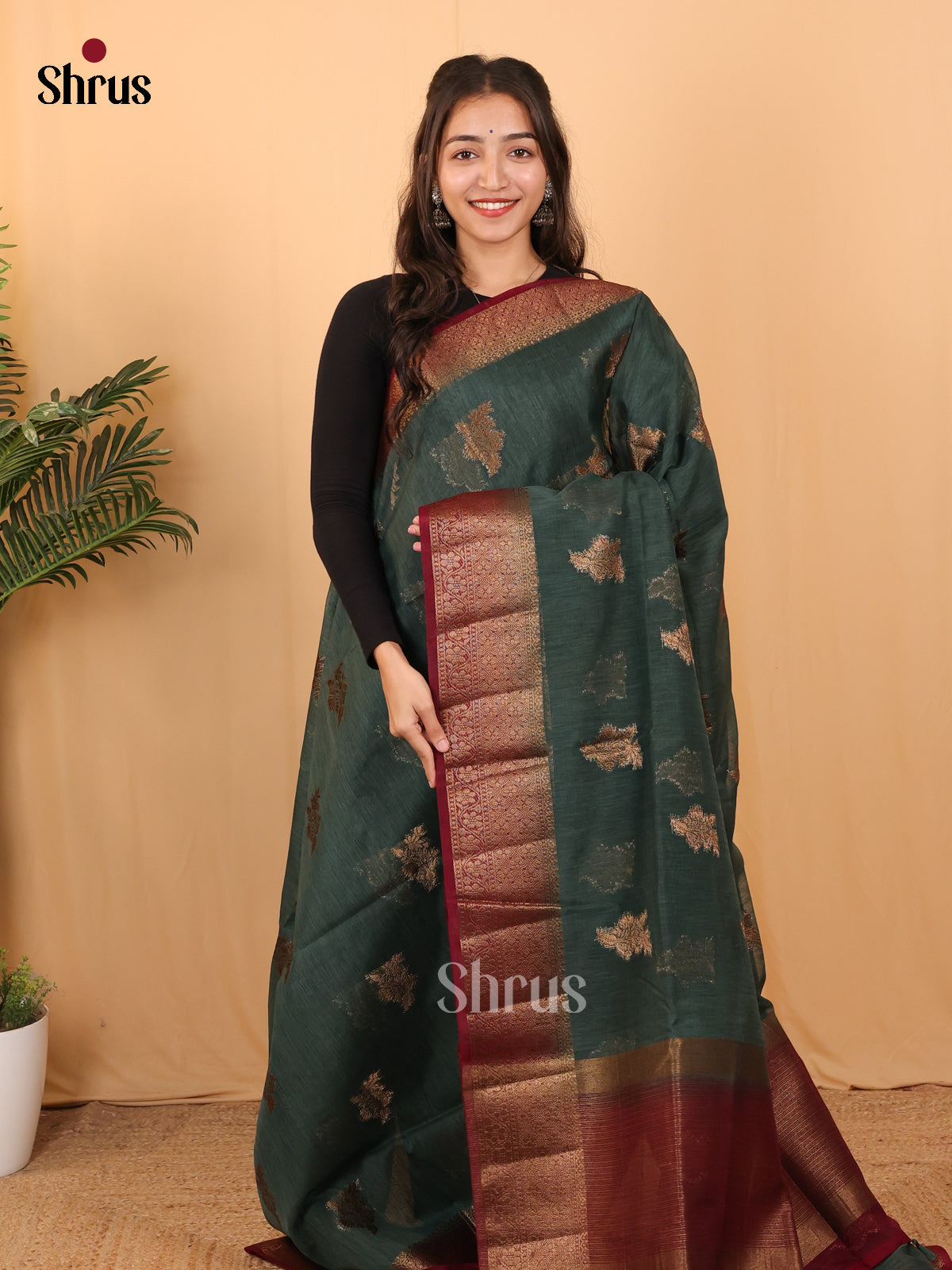 Green & Maroon- Semi Jute Saree - Shop on Shrus.com