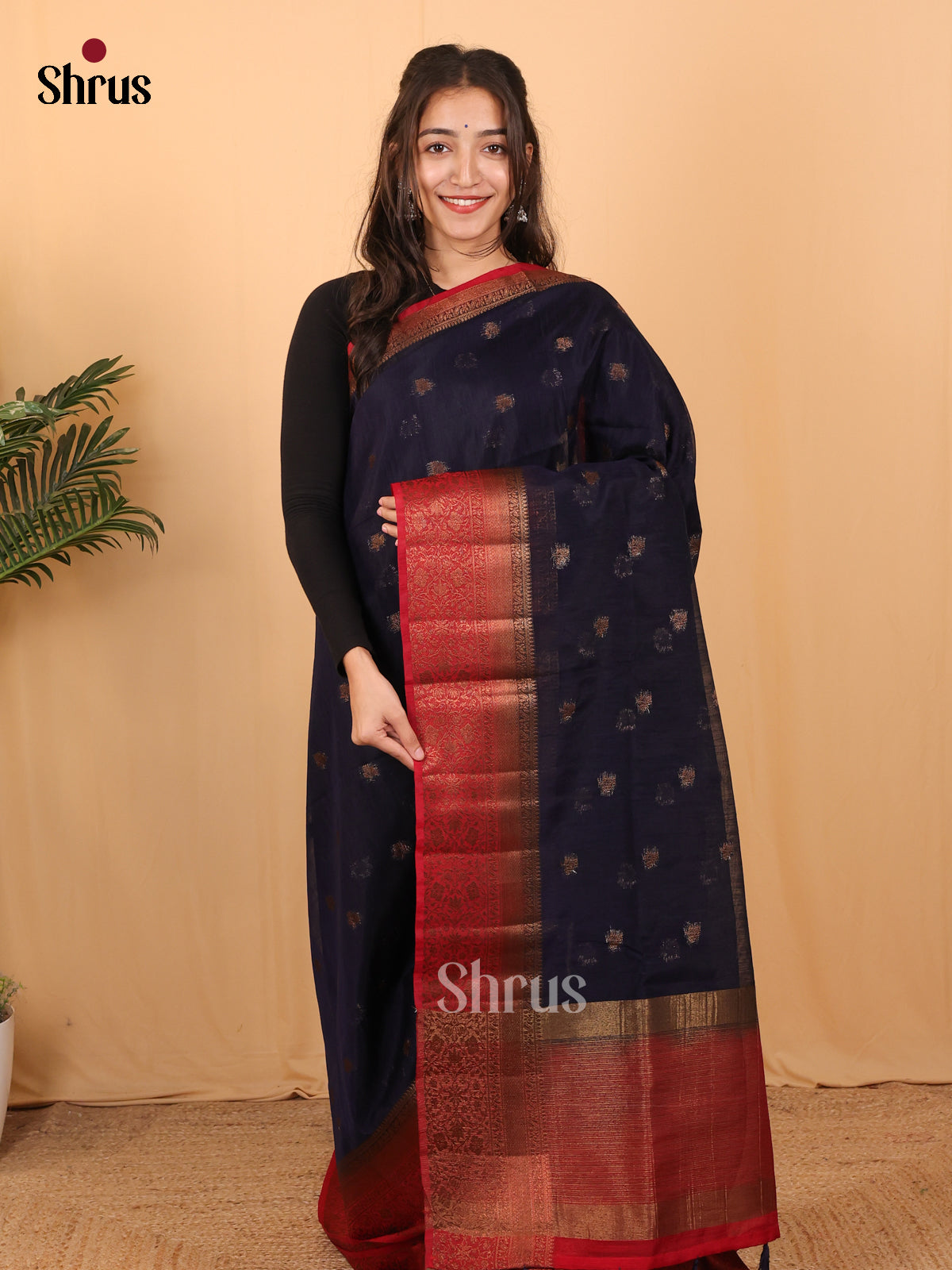 Blue & Red - Semi Jute Saree - Shop on Shrus.com