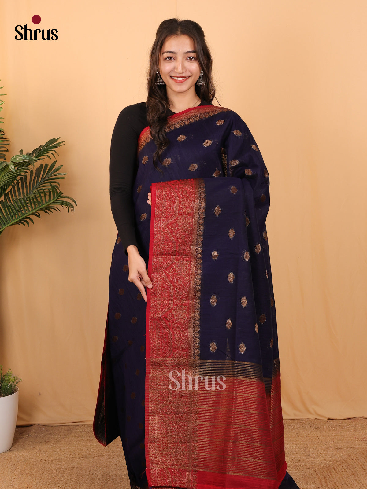 Blue & Red - Semi Jute Saree - Shop on Shrus.com