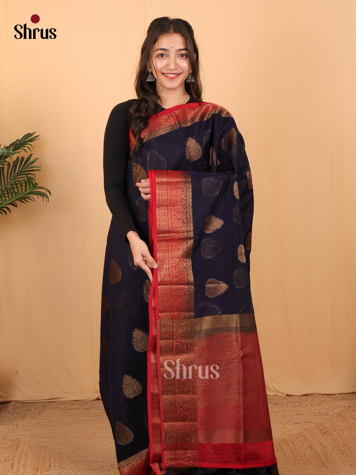 Blue & Red- Semi Jute Saree - Shop on Shrus.com