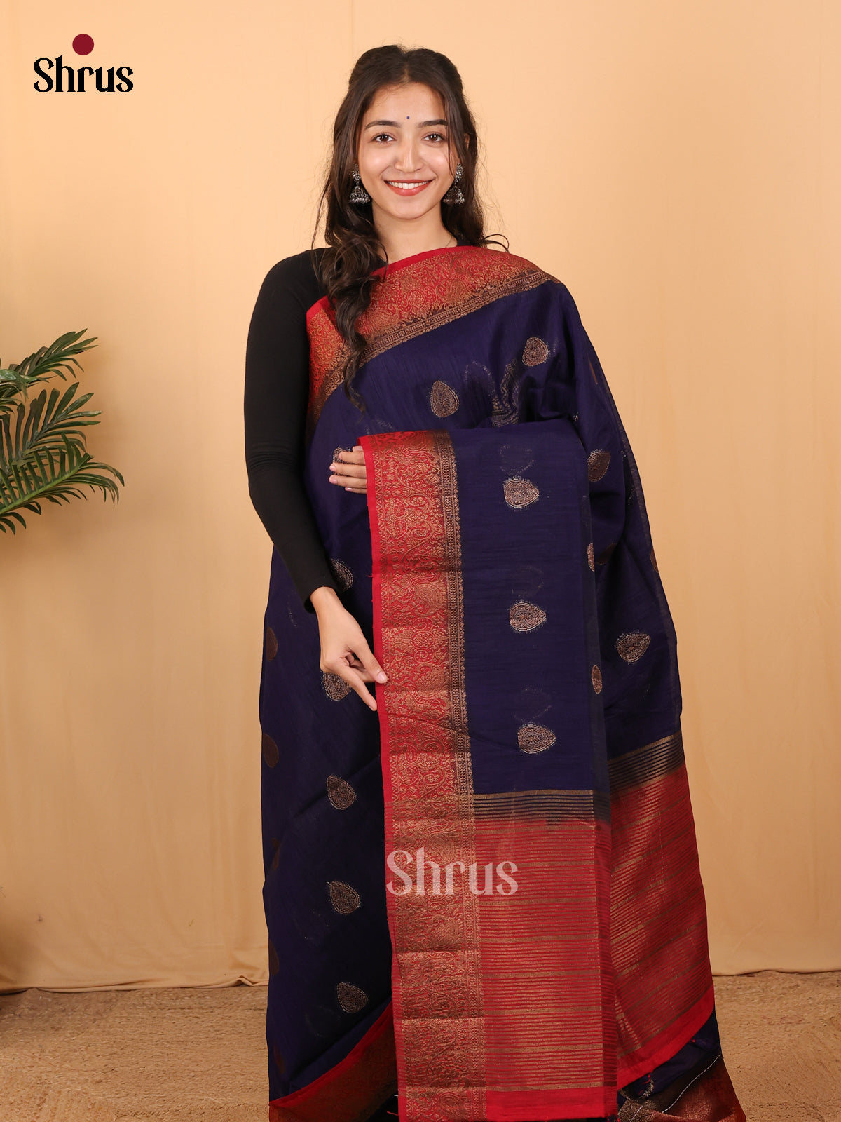 Blue & Red - Semi Jute Saree - Shop on Shrus.com