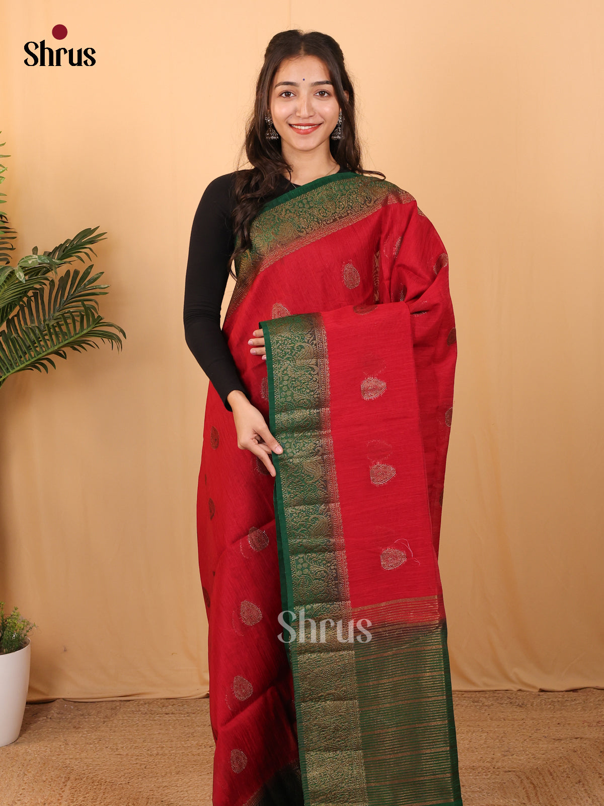 Red & Green- Semi Jute Saree - Shop on Shrus.com