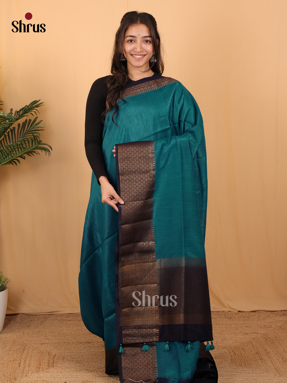 Teal Blue & Navy Blue - Semi Jute Saree - Shop on Shrus.com