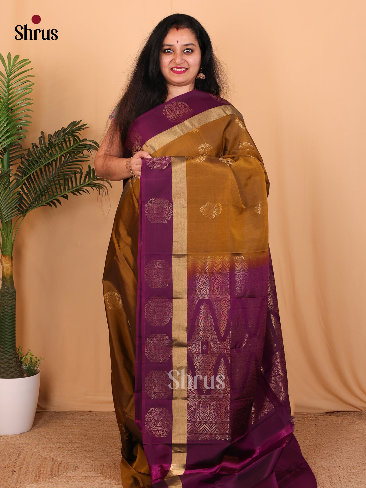 Mehandi & Purple - Softsilk-halfpure Saree - Shop on Shrus.com