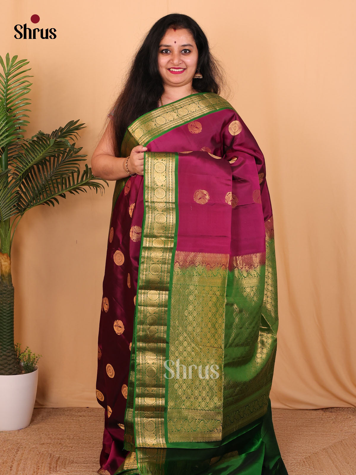 Wine & Green- Softsilk-halfpure Saree - Shop on Shrus.com