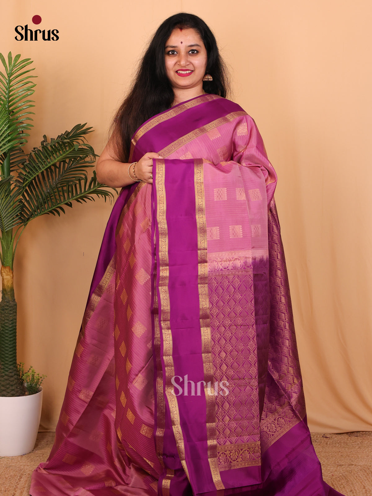 Pink & Purple - Softsilk-halfpure Saree - Shop on Shrus.com
