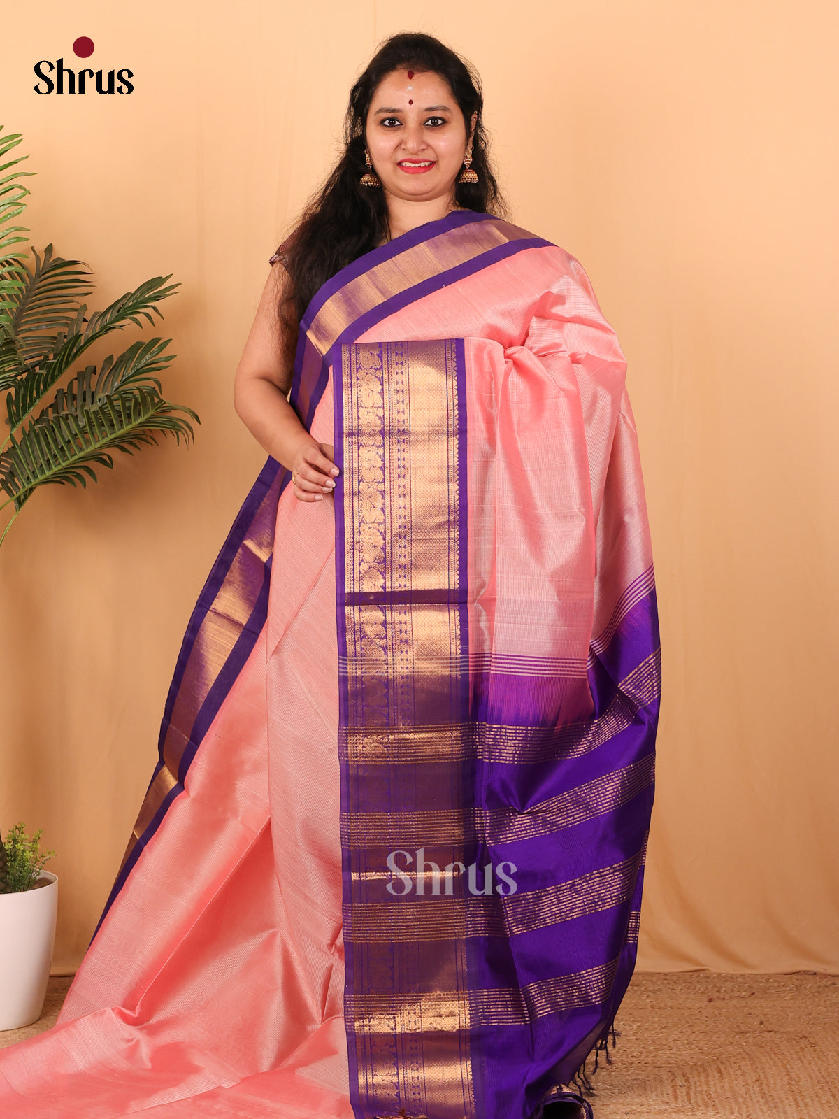 Pink & Violet- Silk Cotton Saree - Shop on Shrus.com