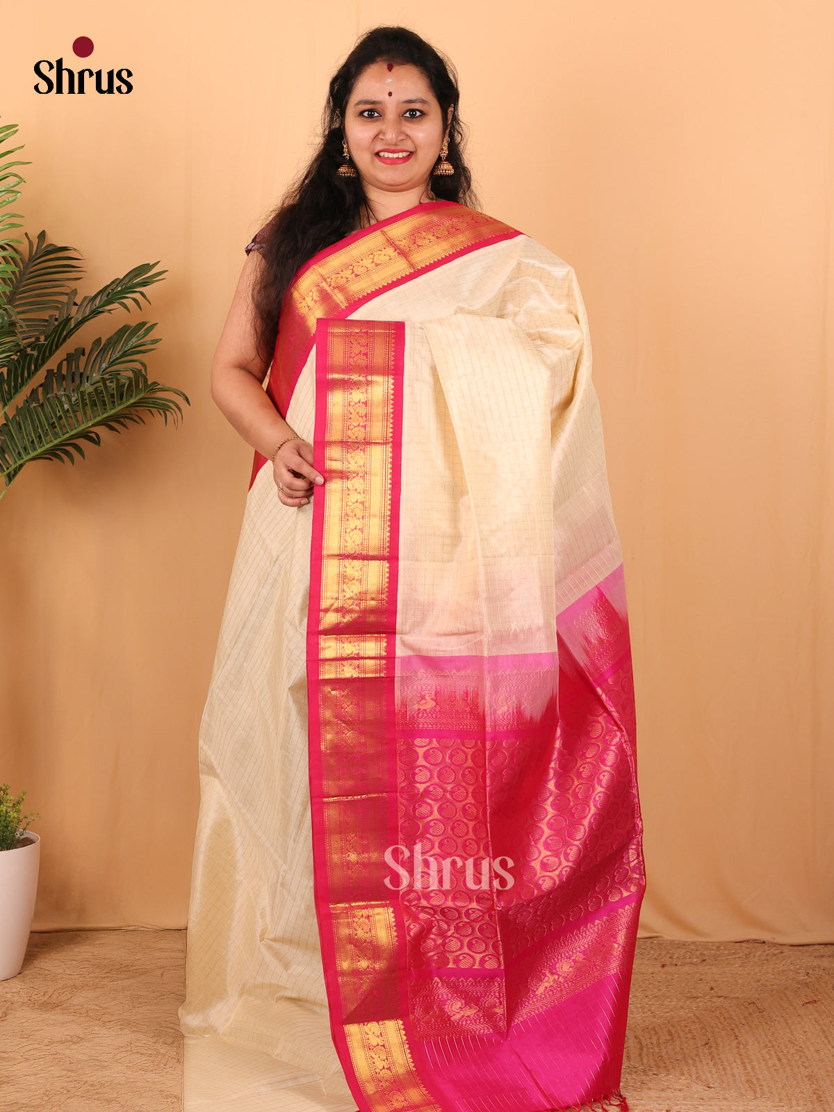 Cream & Pink - Silk Cotton Saree - Shop on Shrus.com