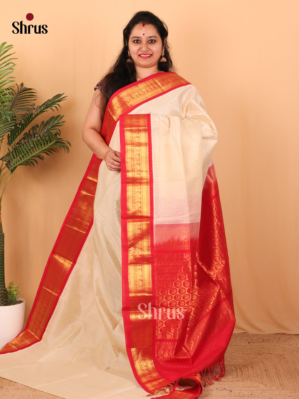 Cream & Red - Silk Cotton Saree - Shop on Shrus.com