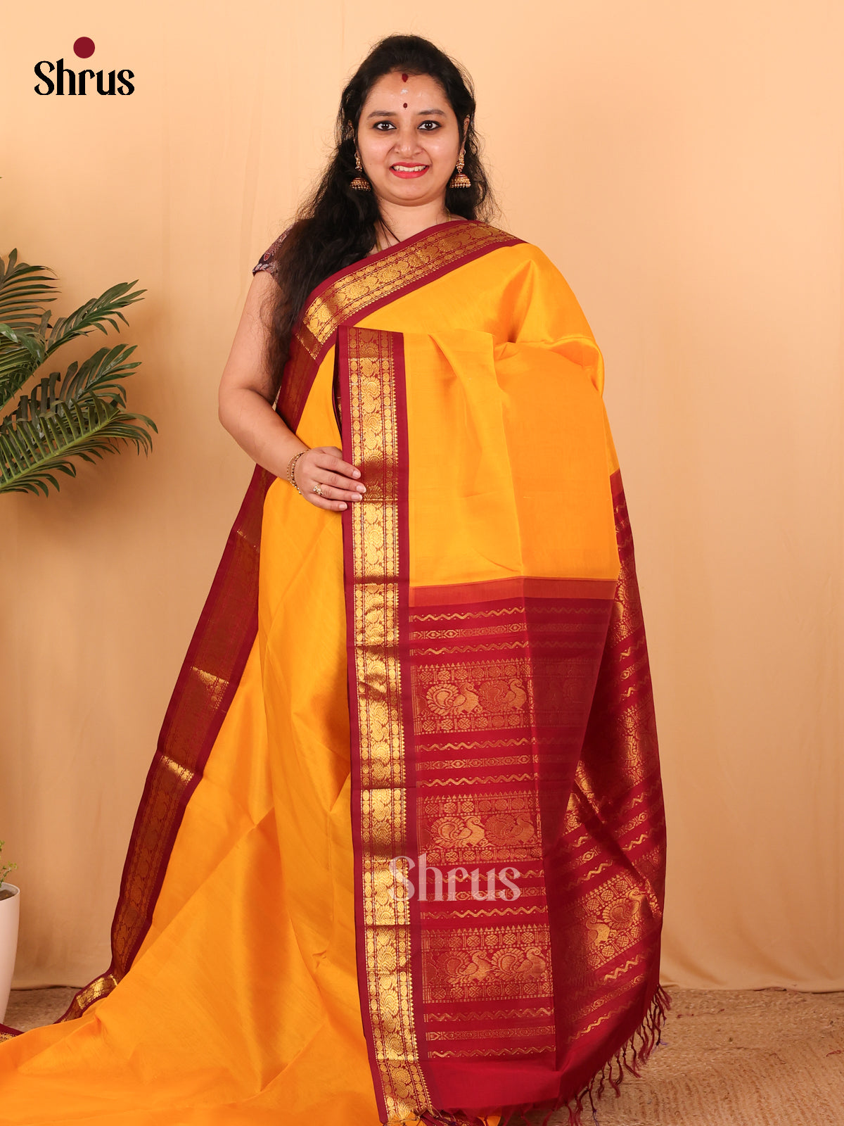 Yellow & Maroon - Silk Cotton Saree - Shop on Shrus.com