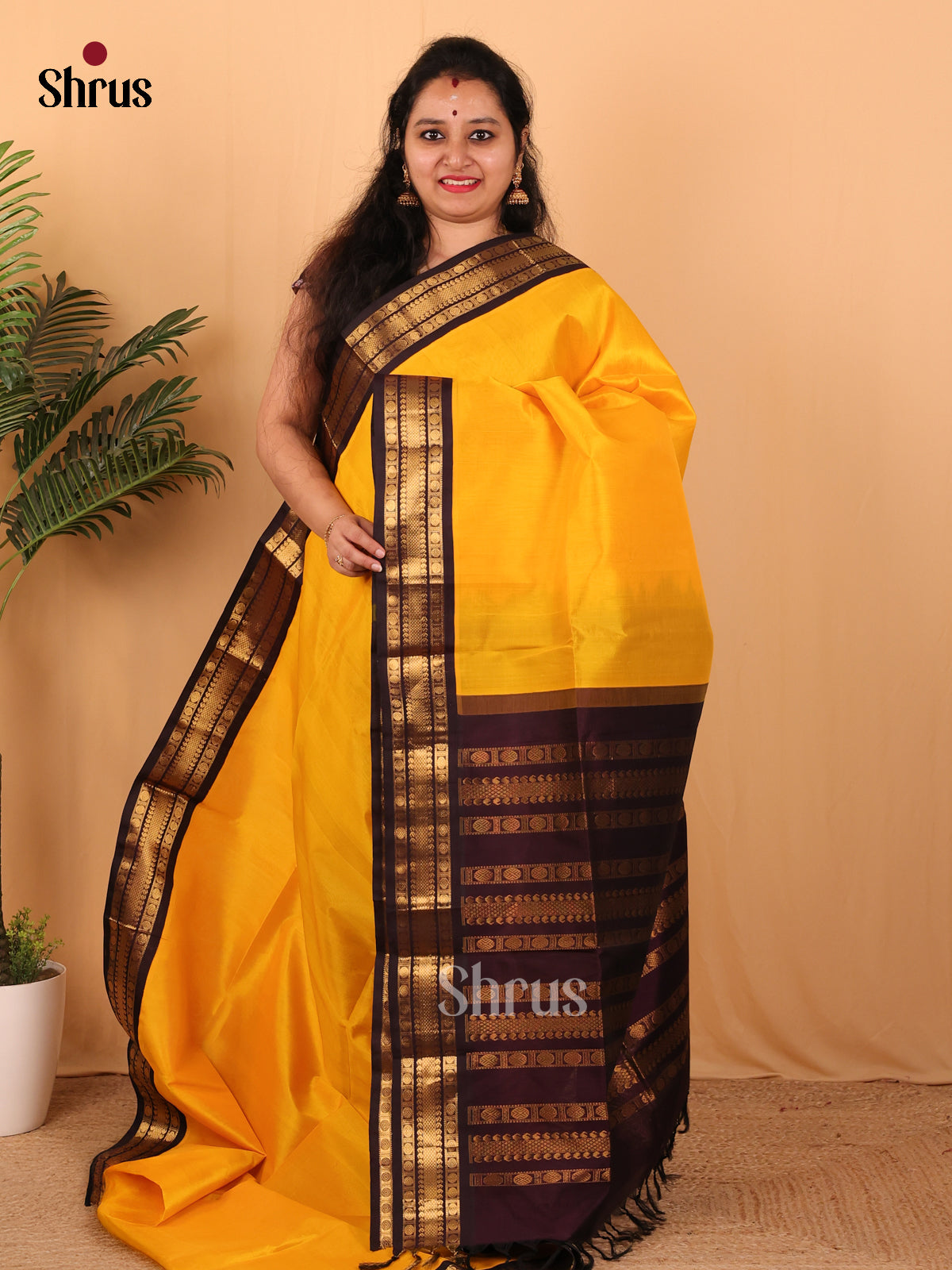Yellow & Brown- Silk Cotton Saree - Shop on Shrus.com