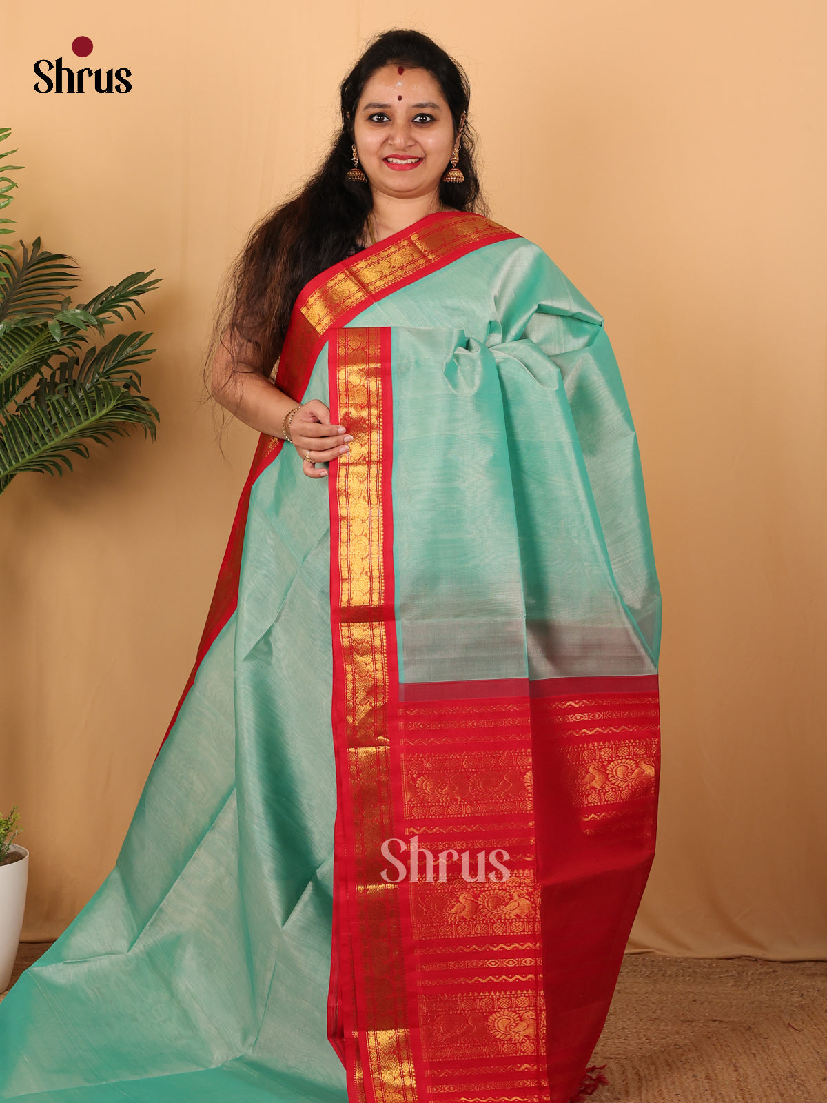 Teal & Red - Silk Cotton Saree - Shop on Shrus.com
