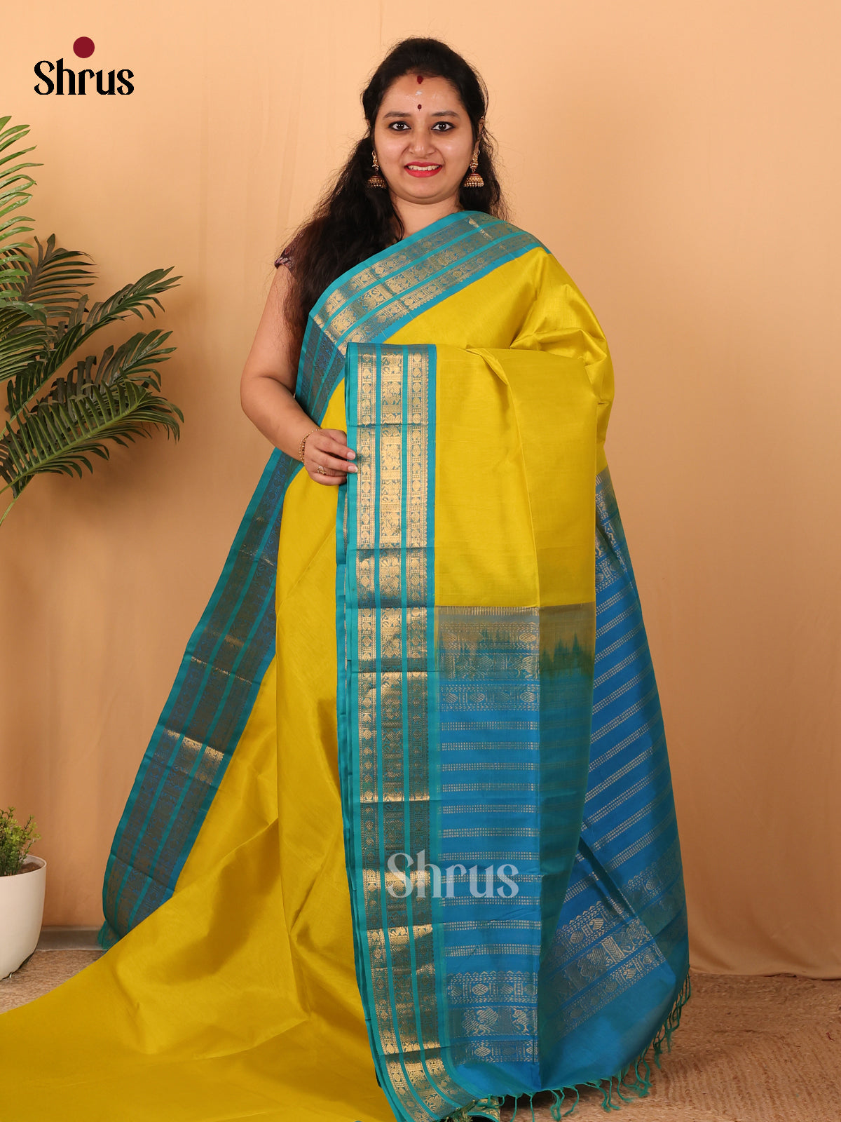 Lemon Yellow & Blue - Silk Cotton Saree - Shop on Shrus.com
