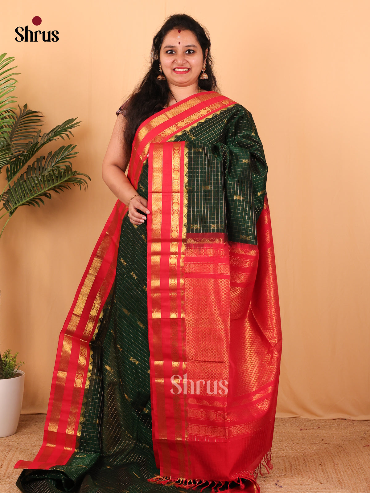 dark Green & Red - Silk Cotton Saree - Shop on Shrus.com