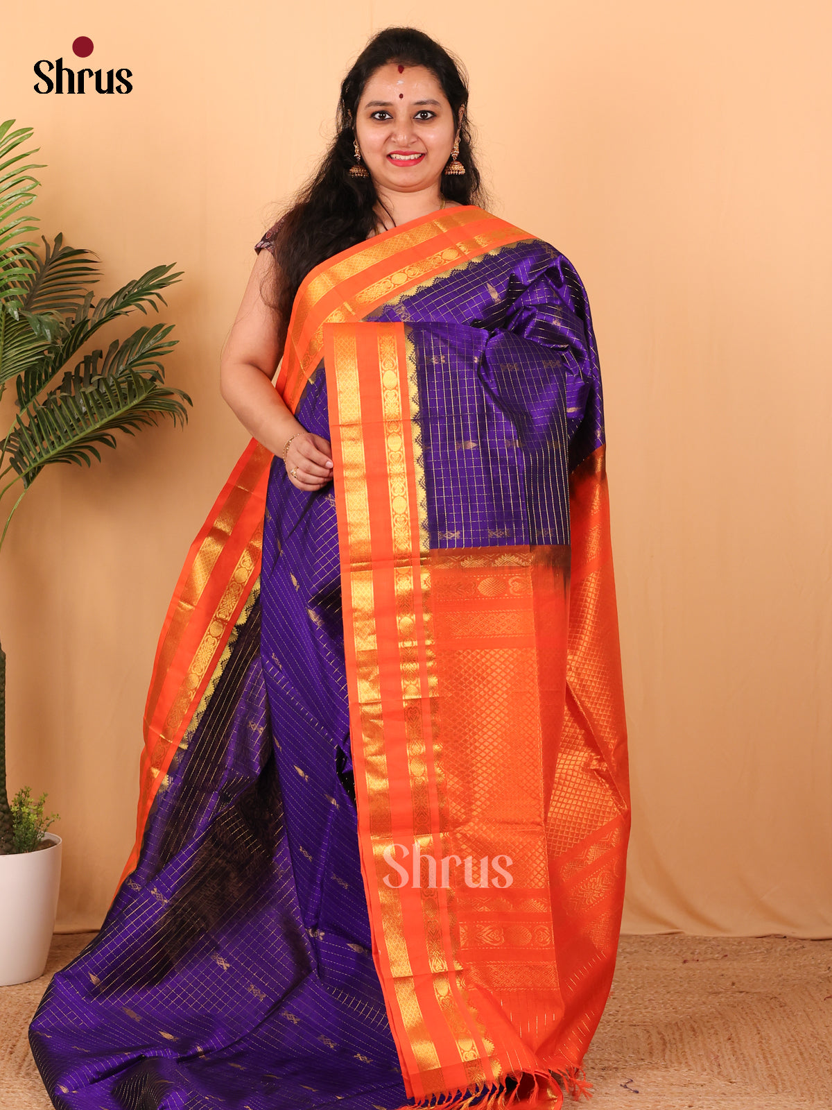 Violet & Orange - Silk Cotton Saree - Shop on Shrus.com