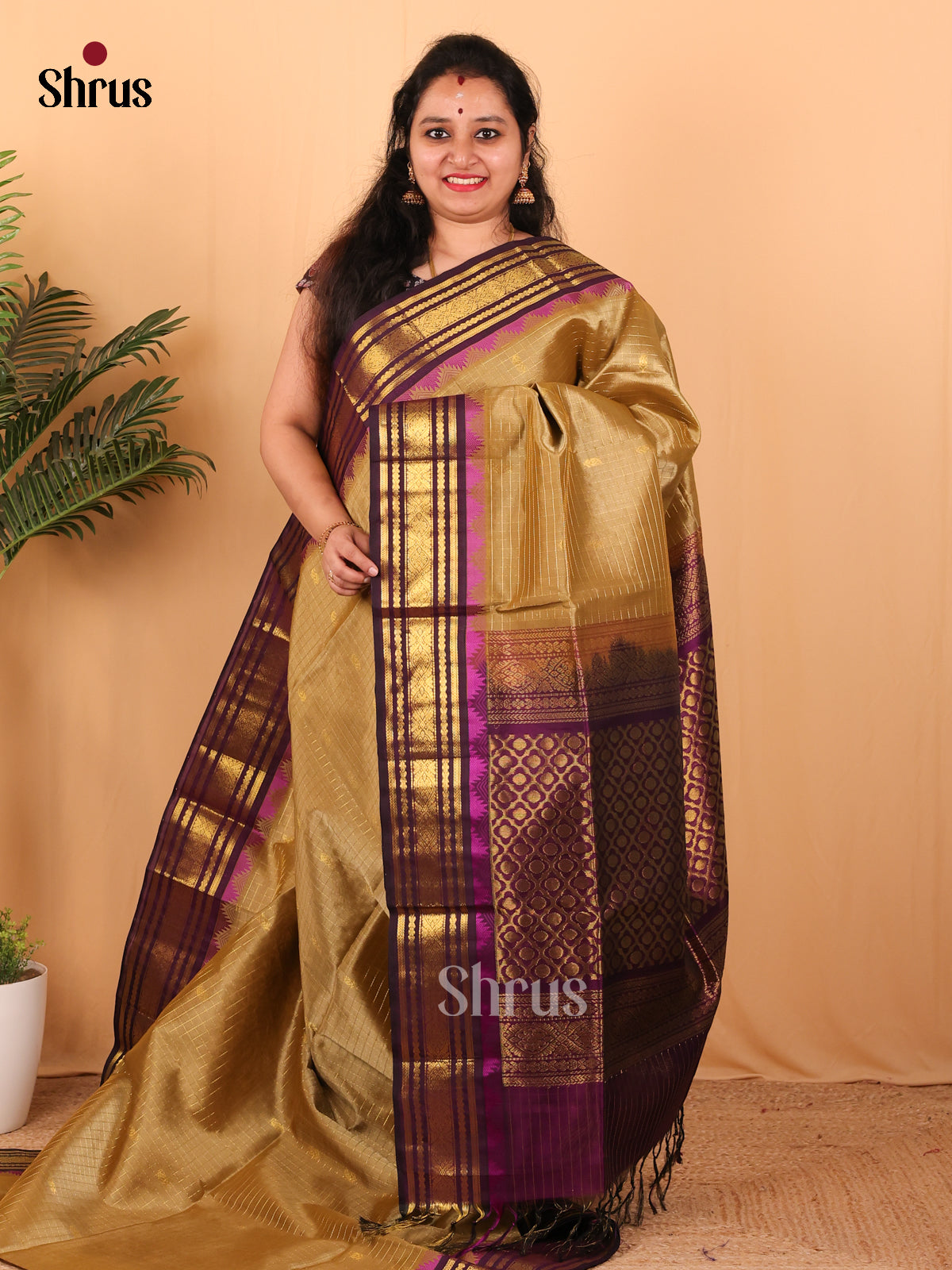 Gold & Purple- Silk Cotton Saree - Shop on Shrus.com