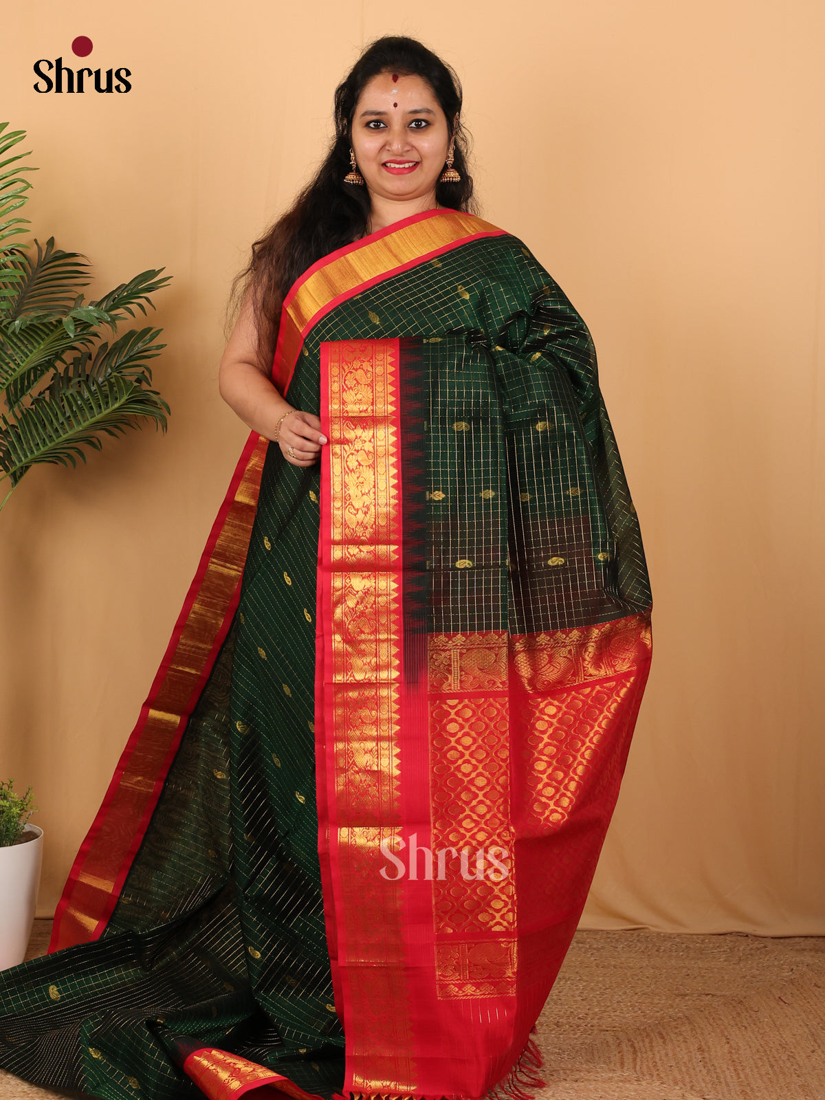 Green & Red - Silk Cotton Saree - Shop on Shrus.com