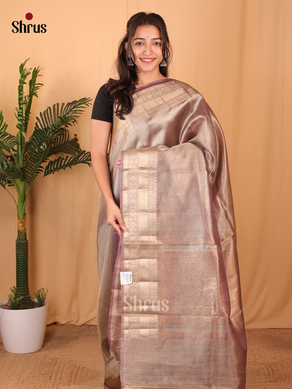 Brown - Semi Tissue Saree - Shop on Shrus.com