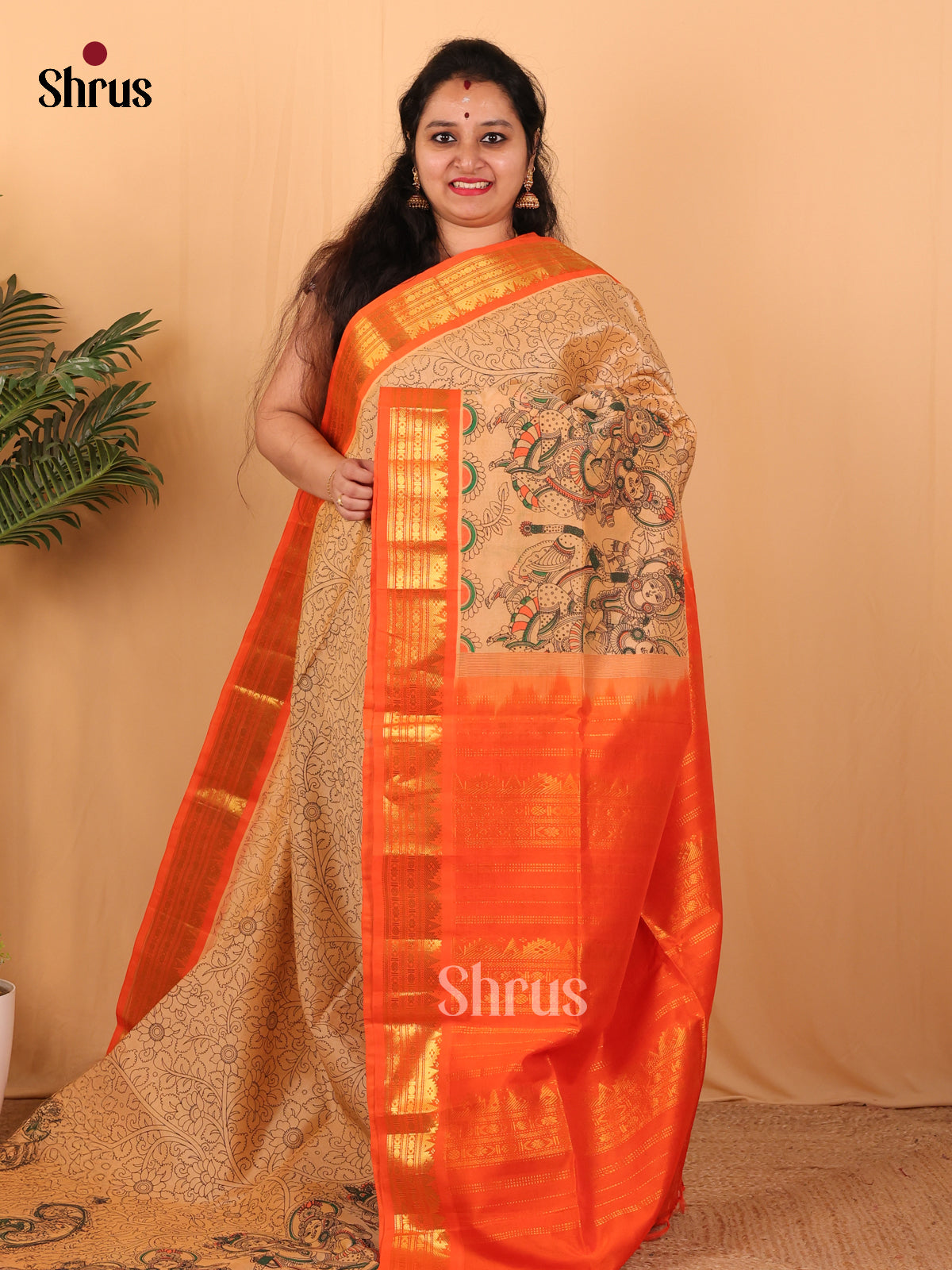 Sandal & Orange - Hindolam Saree - Shop on Shrus.com