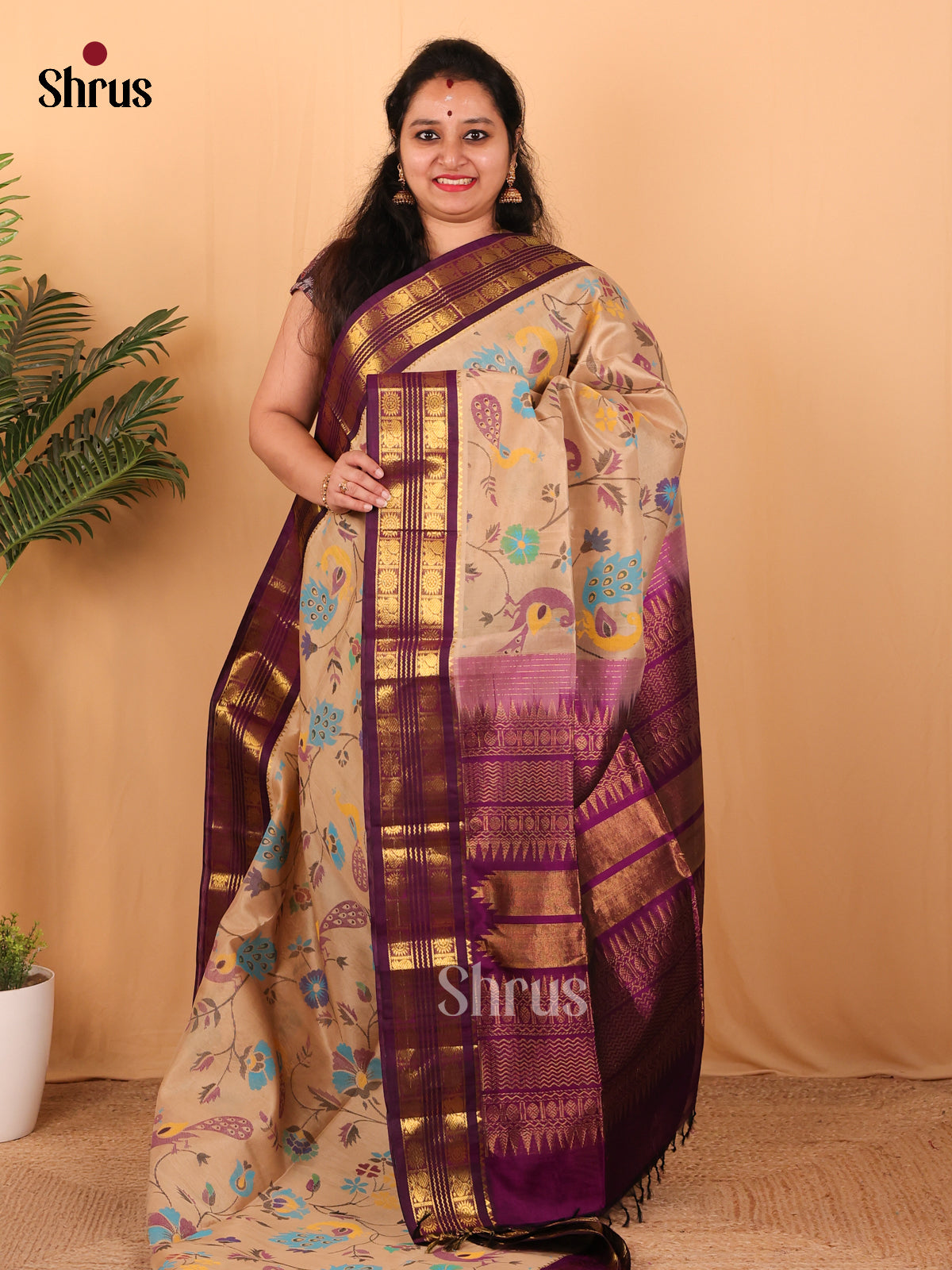 Beige & Purple - Hindolam Saree - Shop on Shrus.com