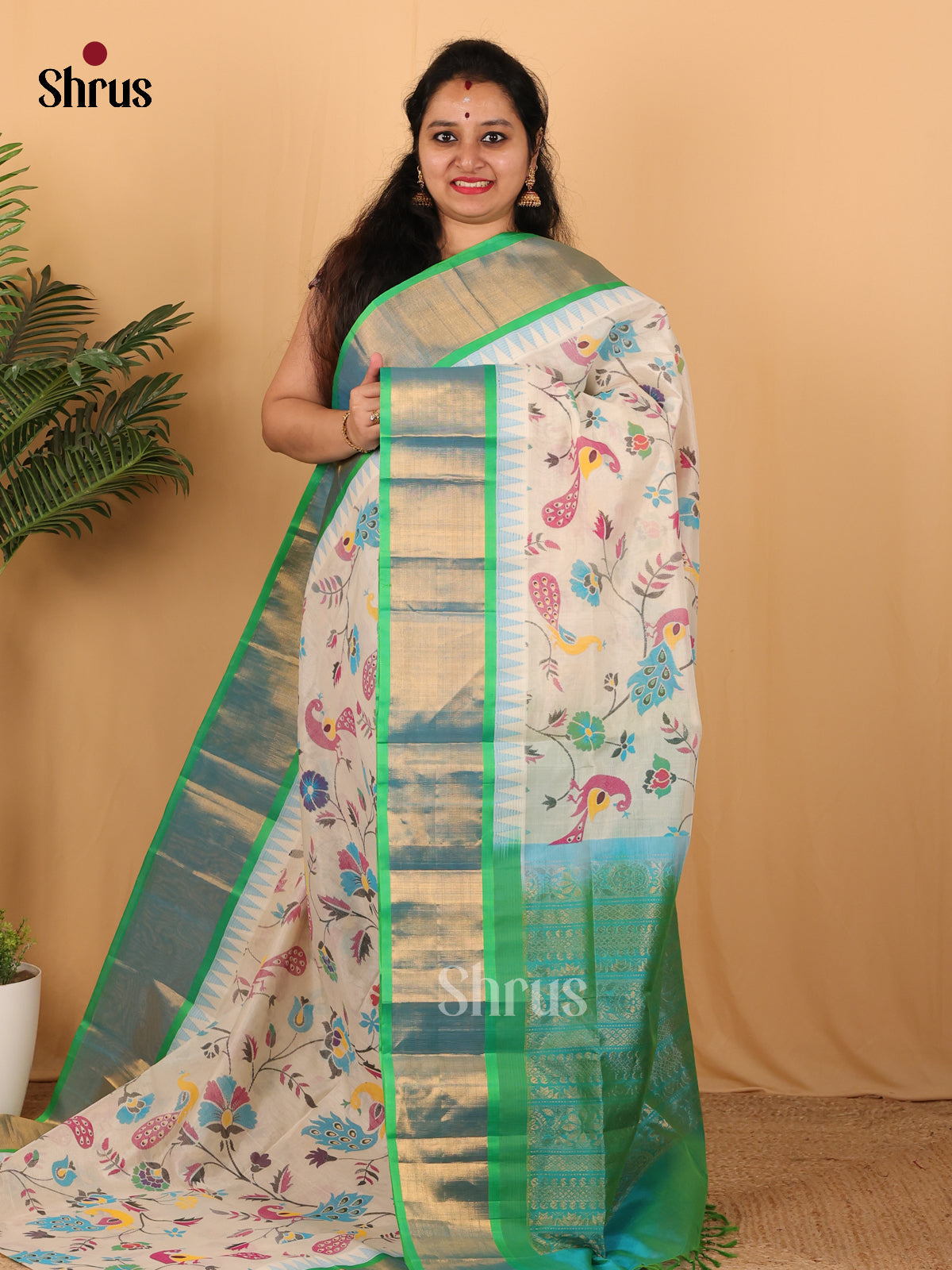 Cream & Teal - Hindolam Saree - Shop on Shrus.com