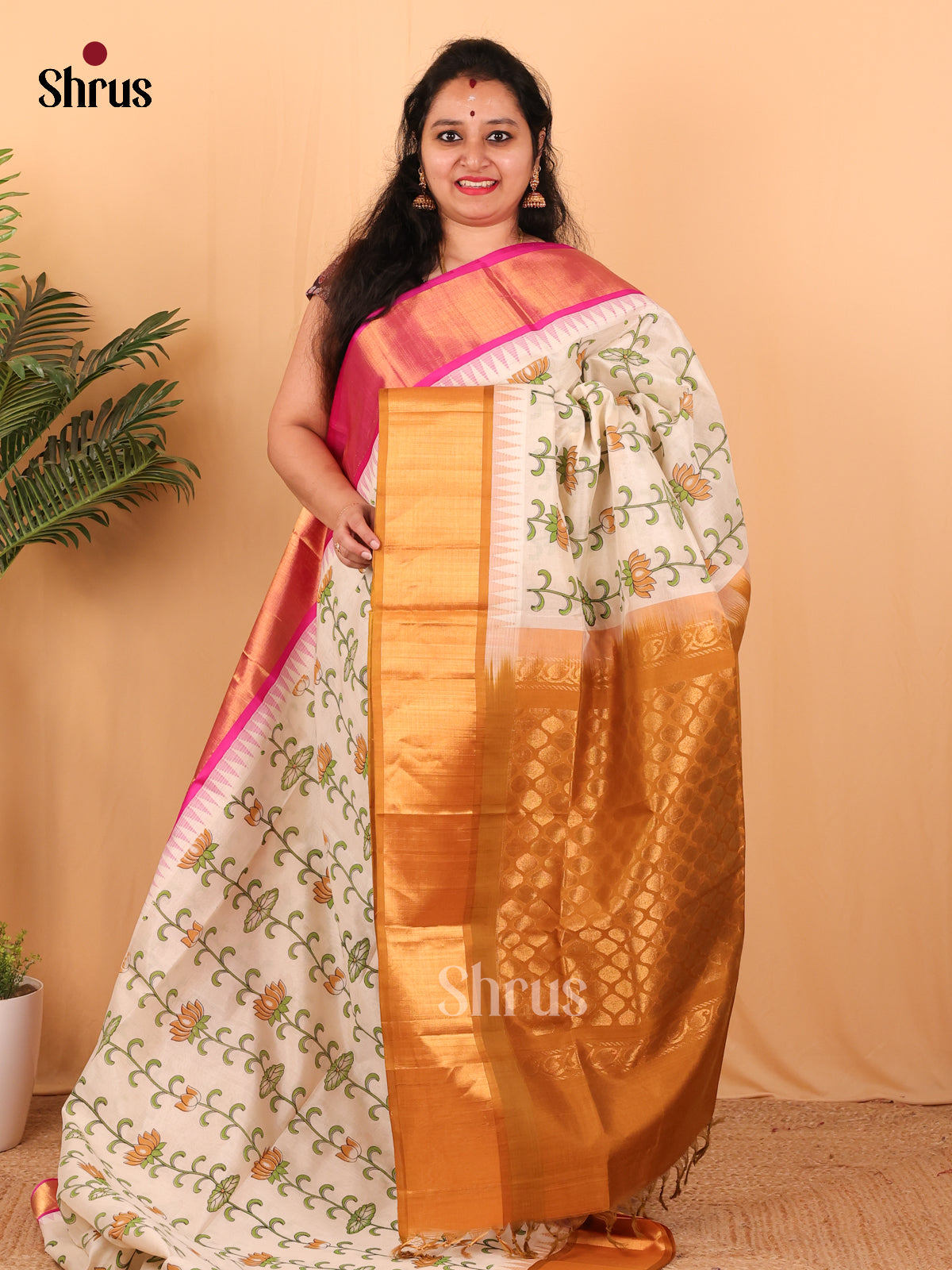 Cream & Dark Mustard - Hindolam Saree - Shop on Shrus.com