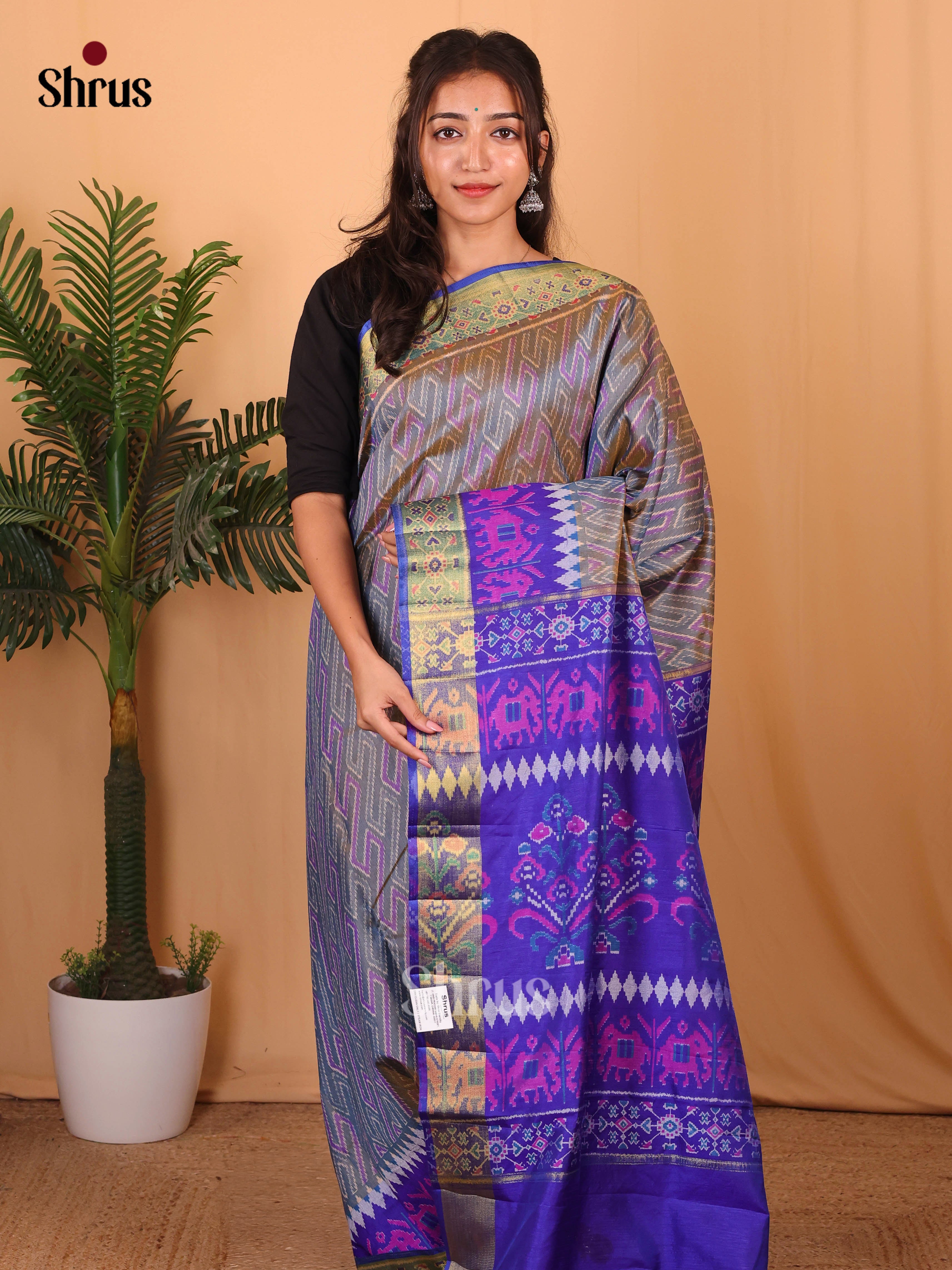 Grey & Blue - Semi Patola Saree - Shop on Shrus.com