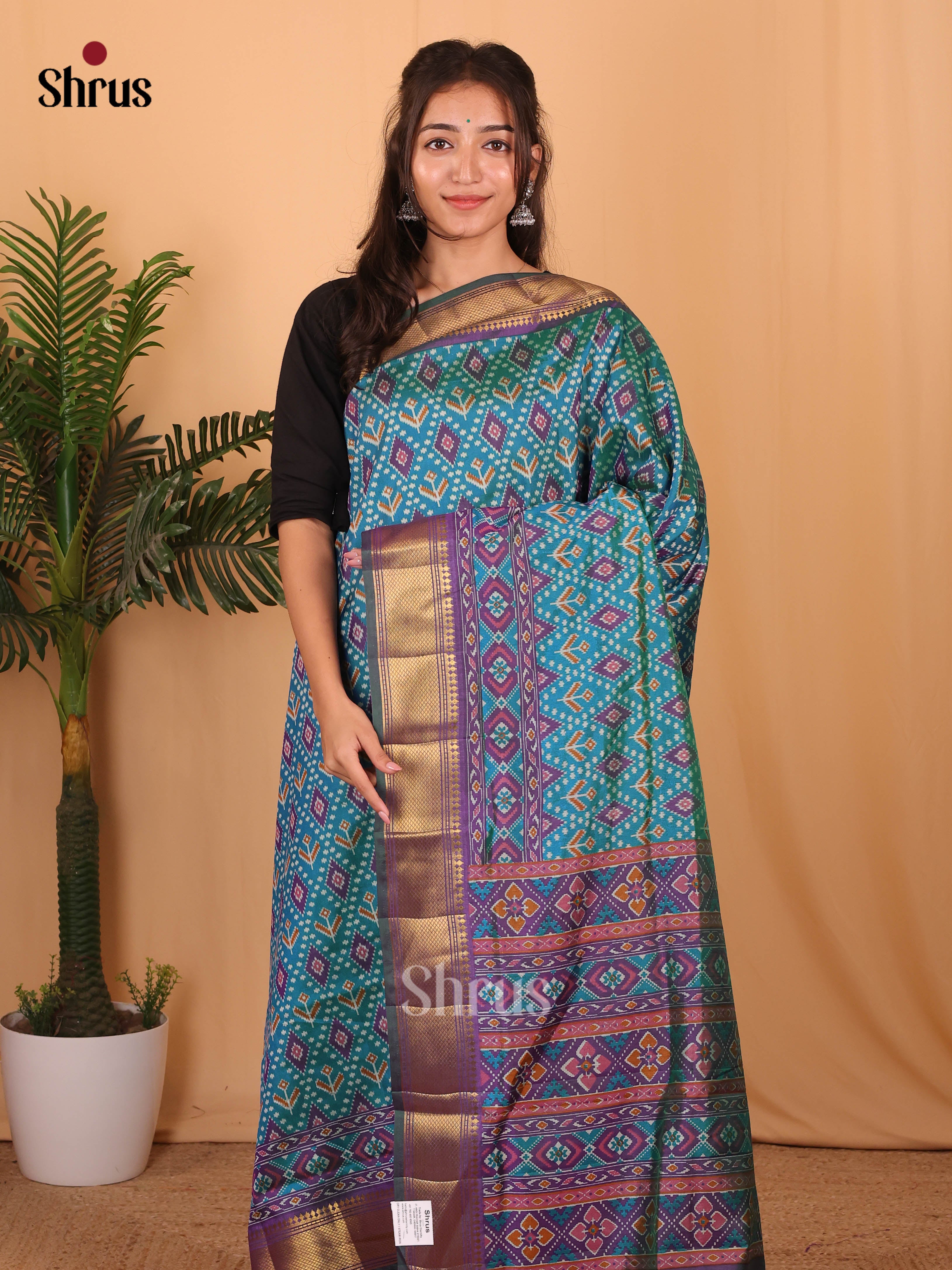 Teal Blue & Purple - Semi Patola Saree - Shop on Shrus.com