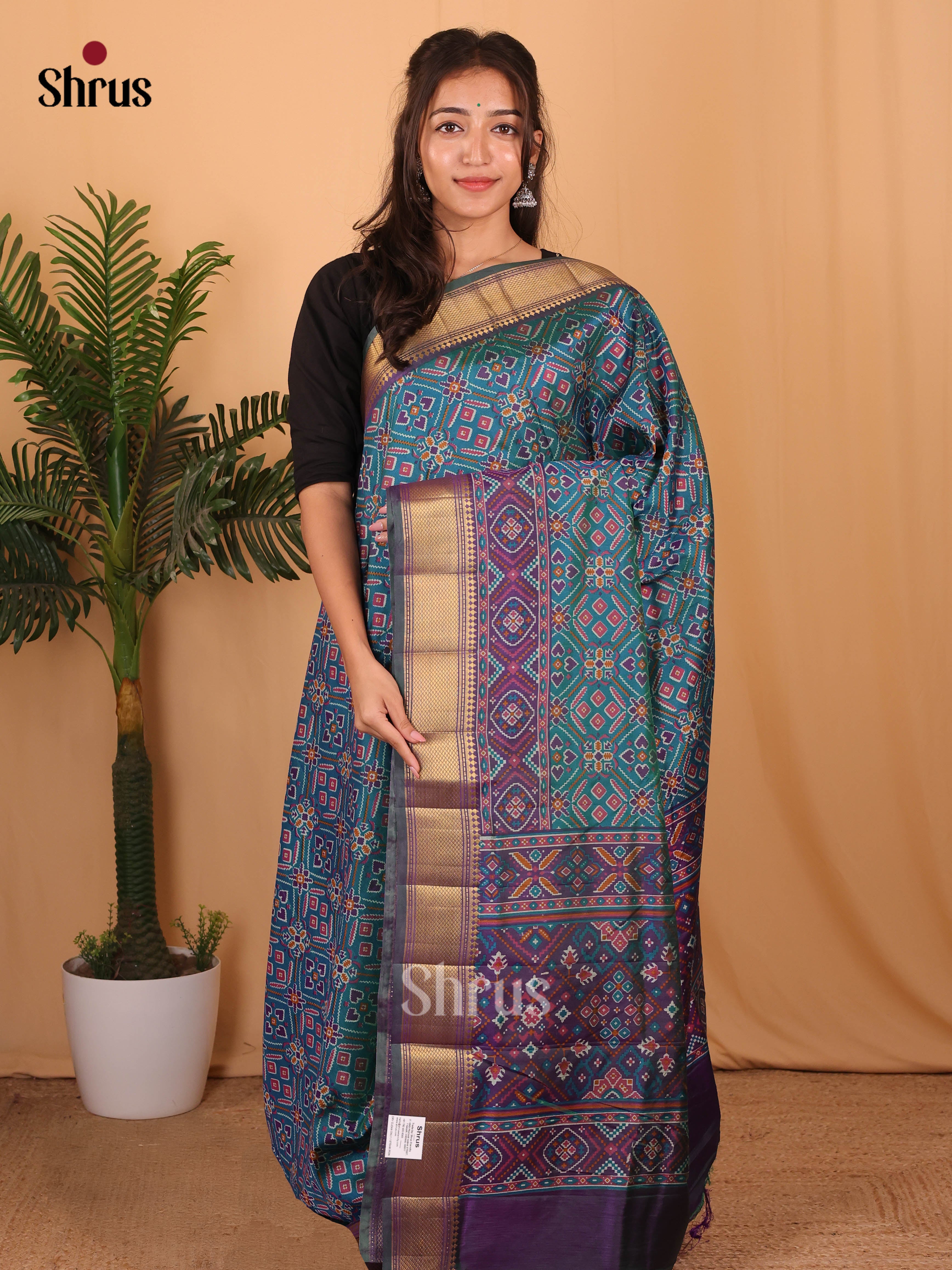 Teal Blue  & Purple- Semi Patola Saree - Shop on Shrus.com