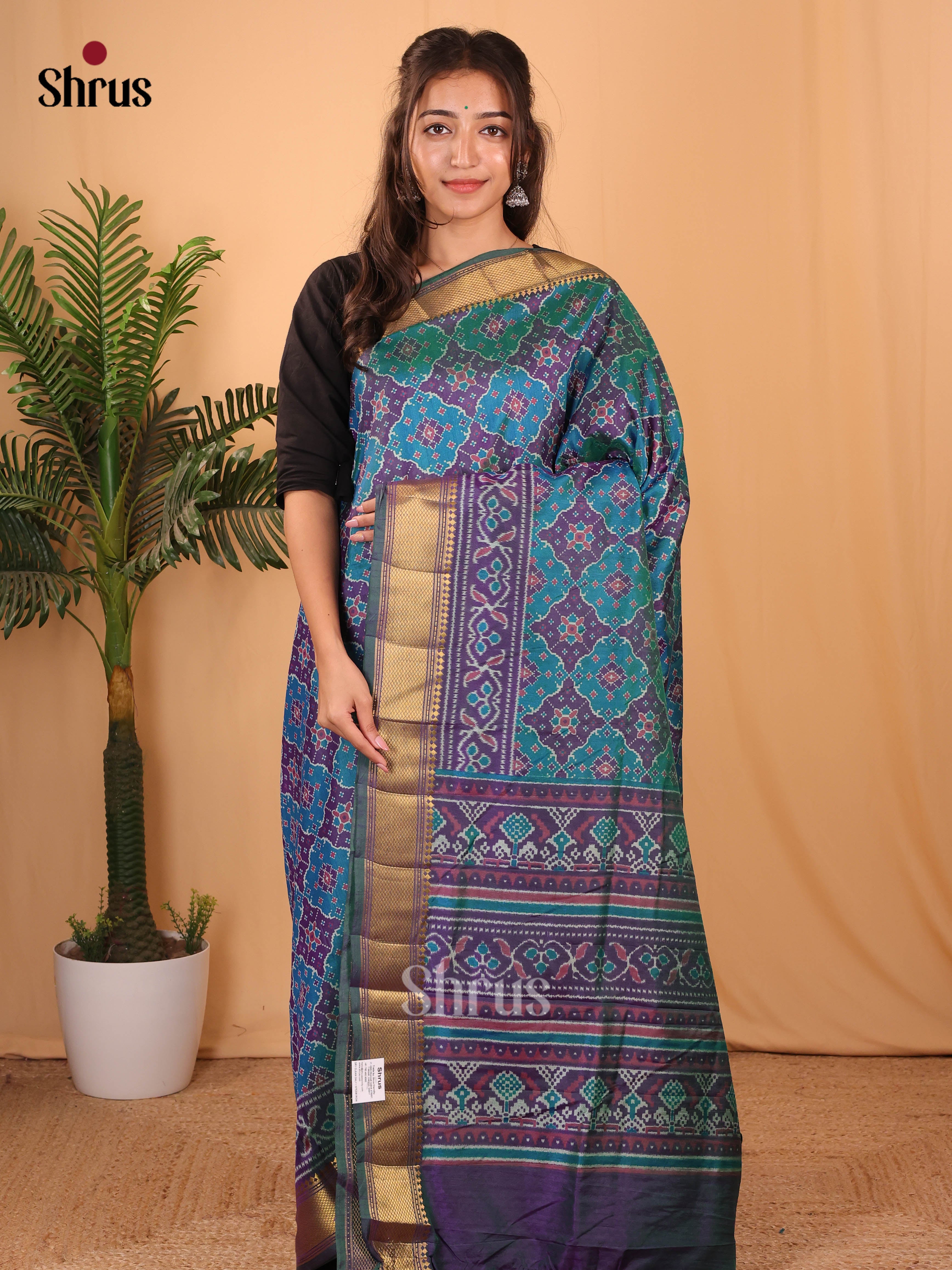 Teal Blue & Purple- Semi Patola Saree - Shop on Shrus.com