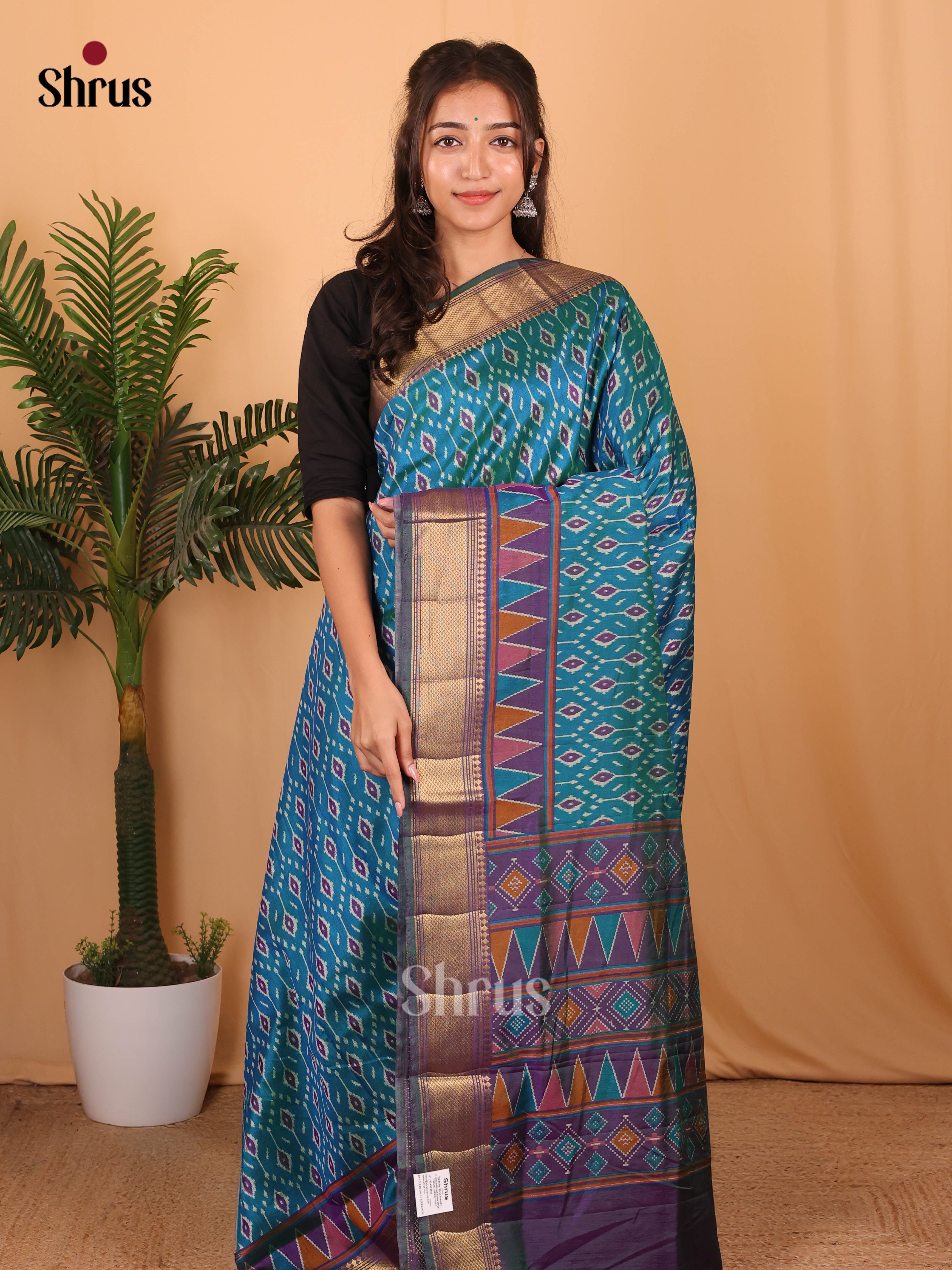 Teal  Blue & Purple - Semi Patola Saree - Shop on Shrus.com