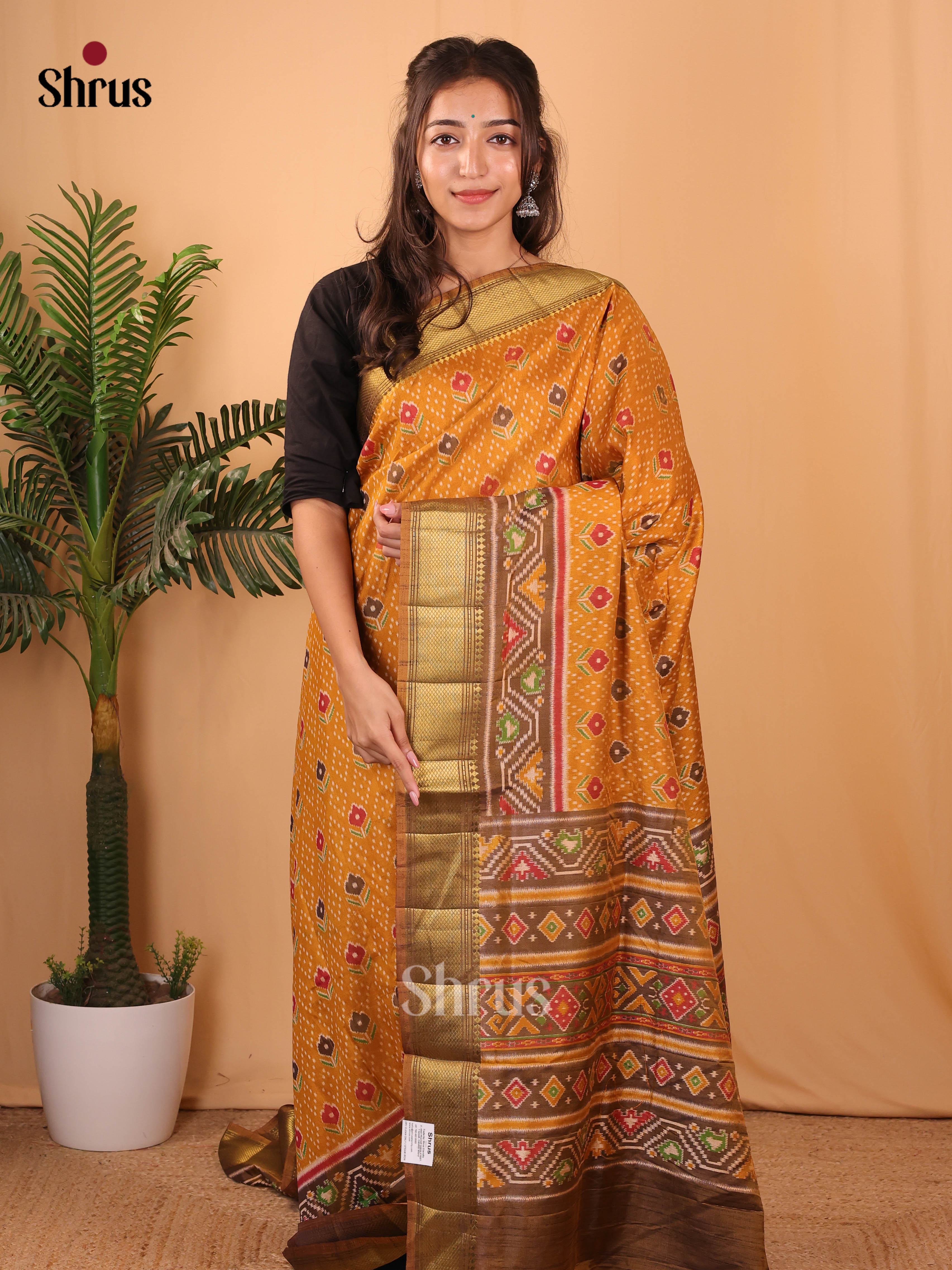 Mustard & Army Green - Semi Patola Saree - Shop on Shrus.com