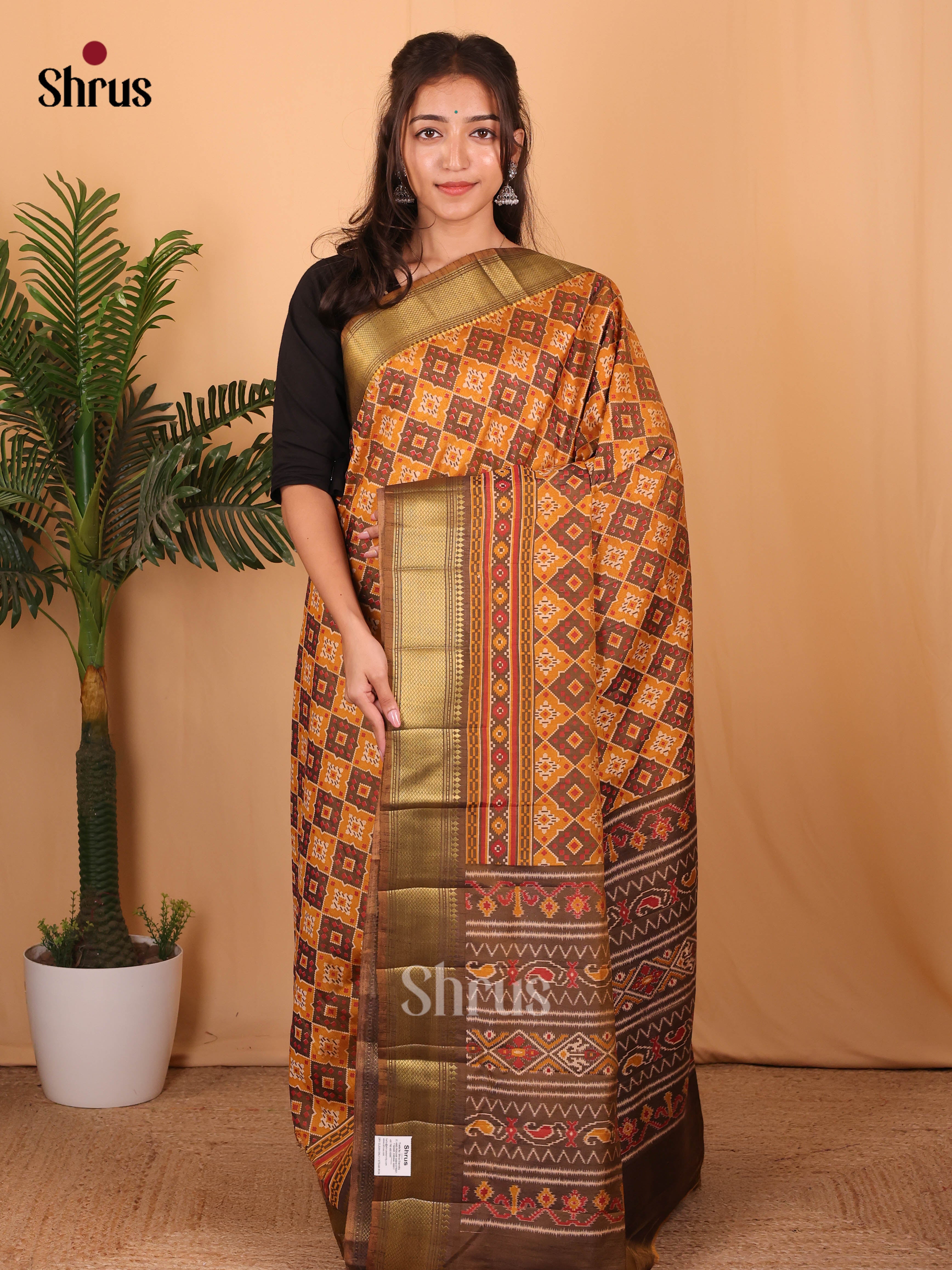 Mustard & Army Green - Semi Patola Saree - Shop on Shrus.com