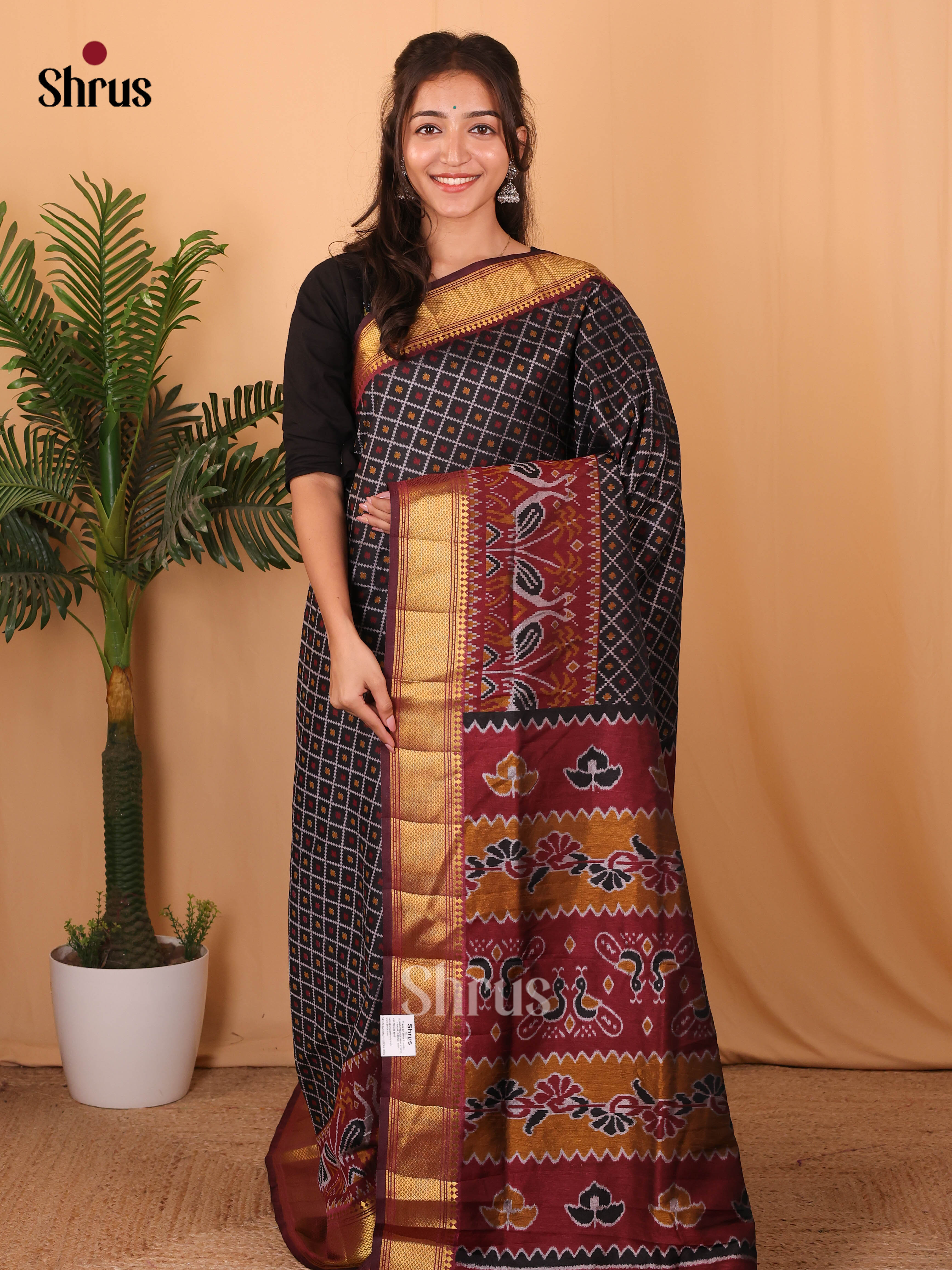 Black & Maroon - Semi Patola Saree - Shop on Shrus.com