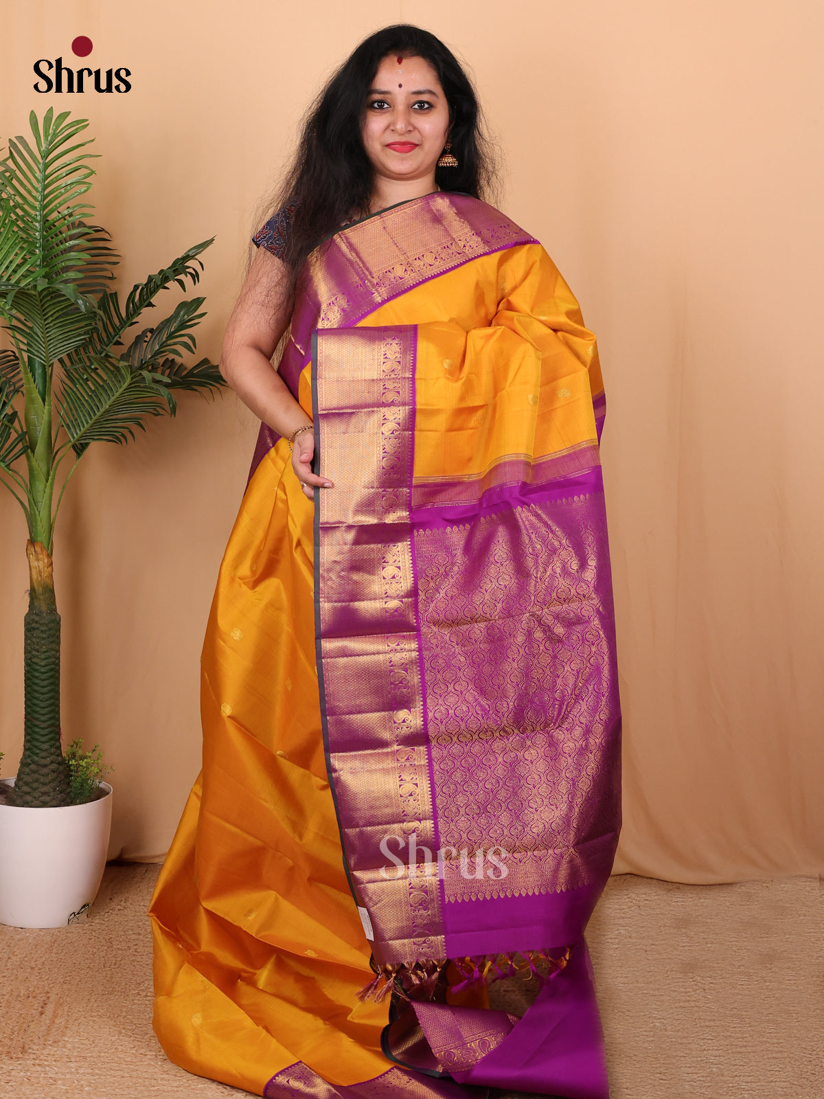 Mambazha Yellow & Purple- Kanchipuram silk Saree - Shop on Shrus.com