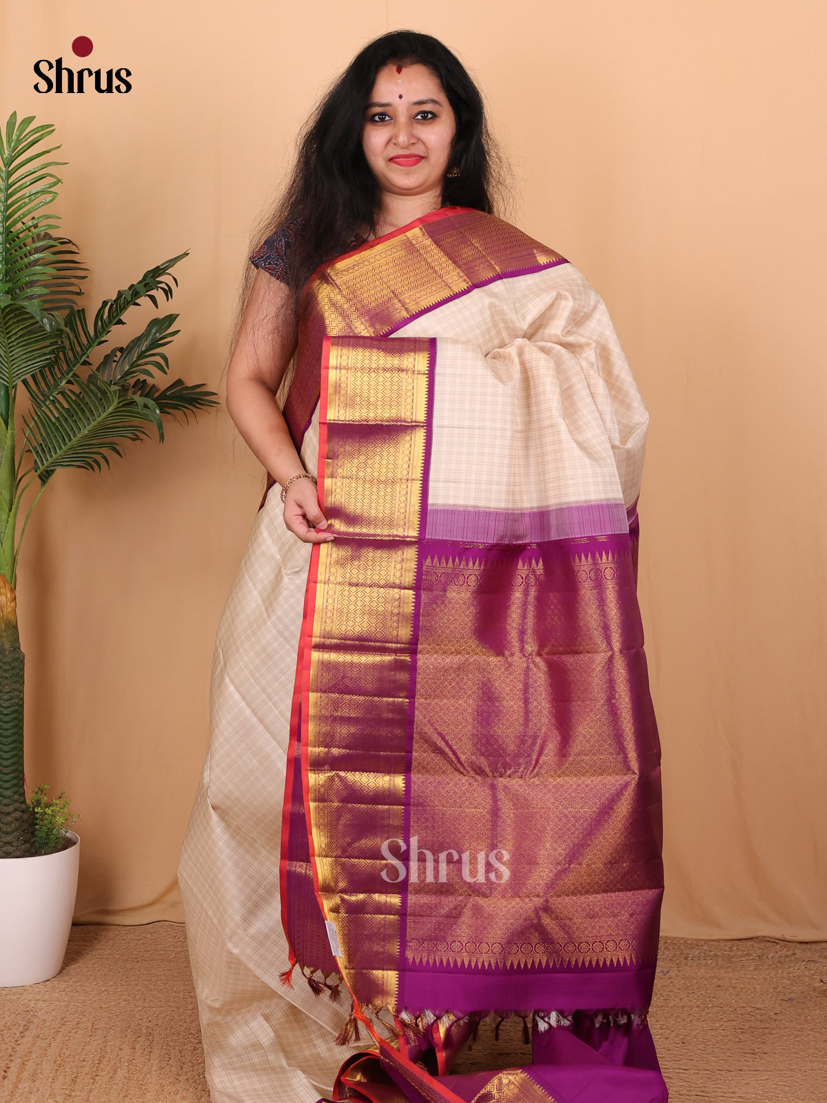 Cream & Purple - Kanchipuram silk Saree - Shop on Shrus.com