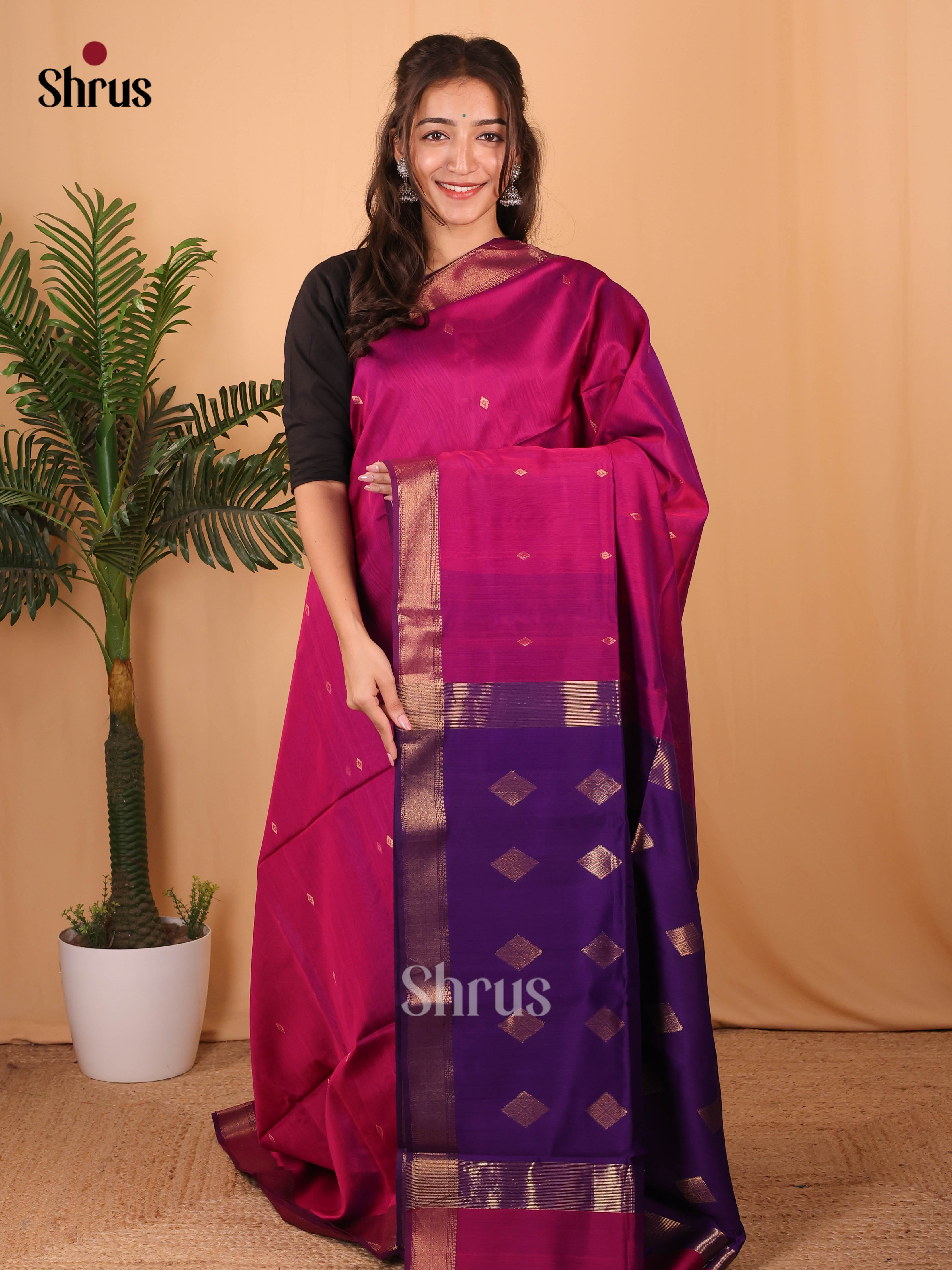 Pink & Violet - Maheshwari silkcotton Saree - Shop on Shrus.com