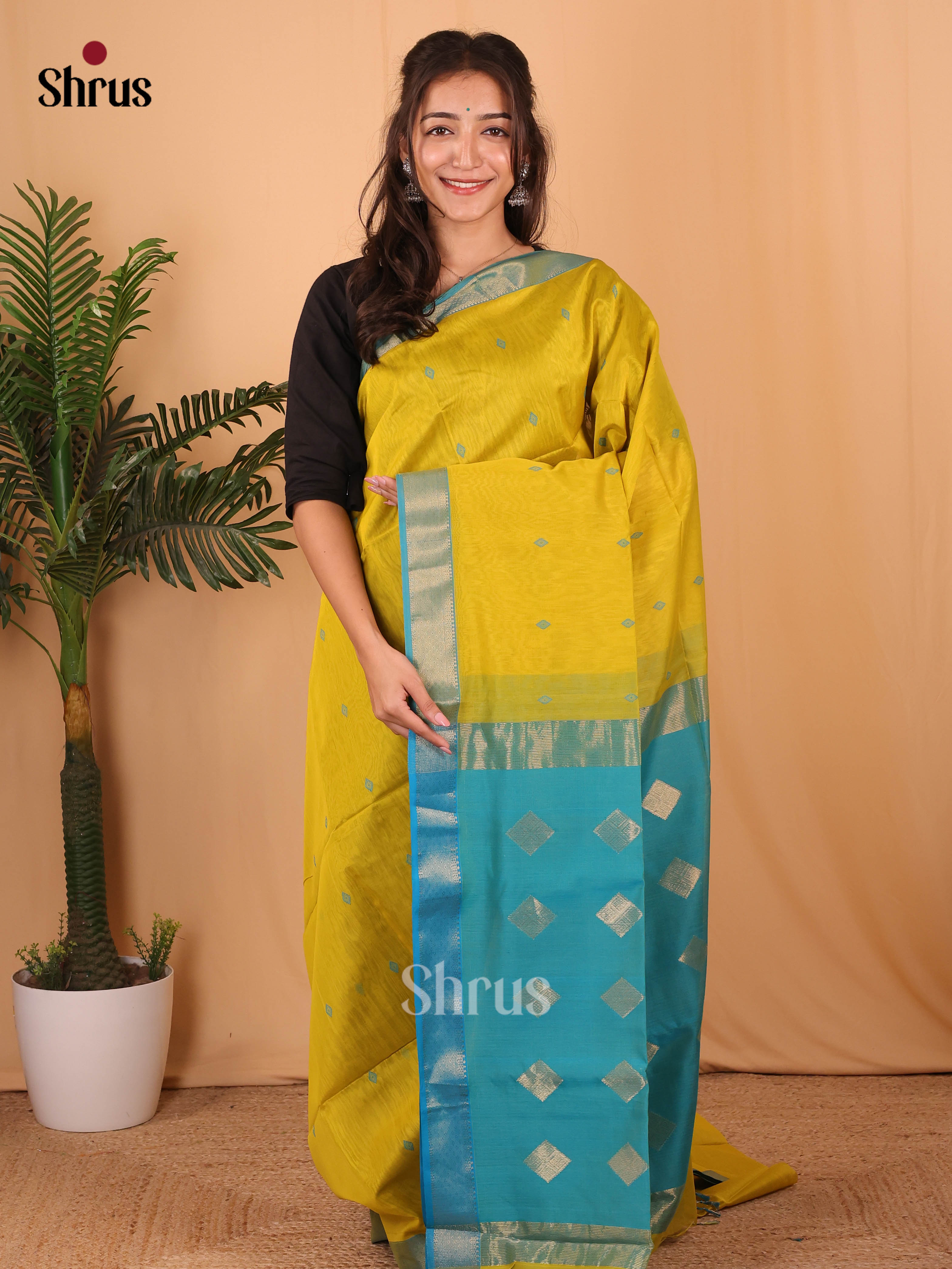 Yellow & Teal - Maheshwari silkcotton Saree - Shop on Shrus.com