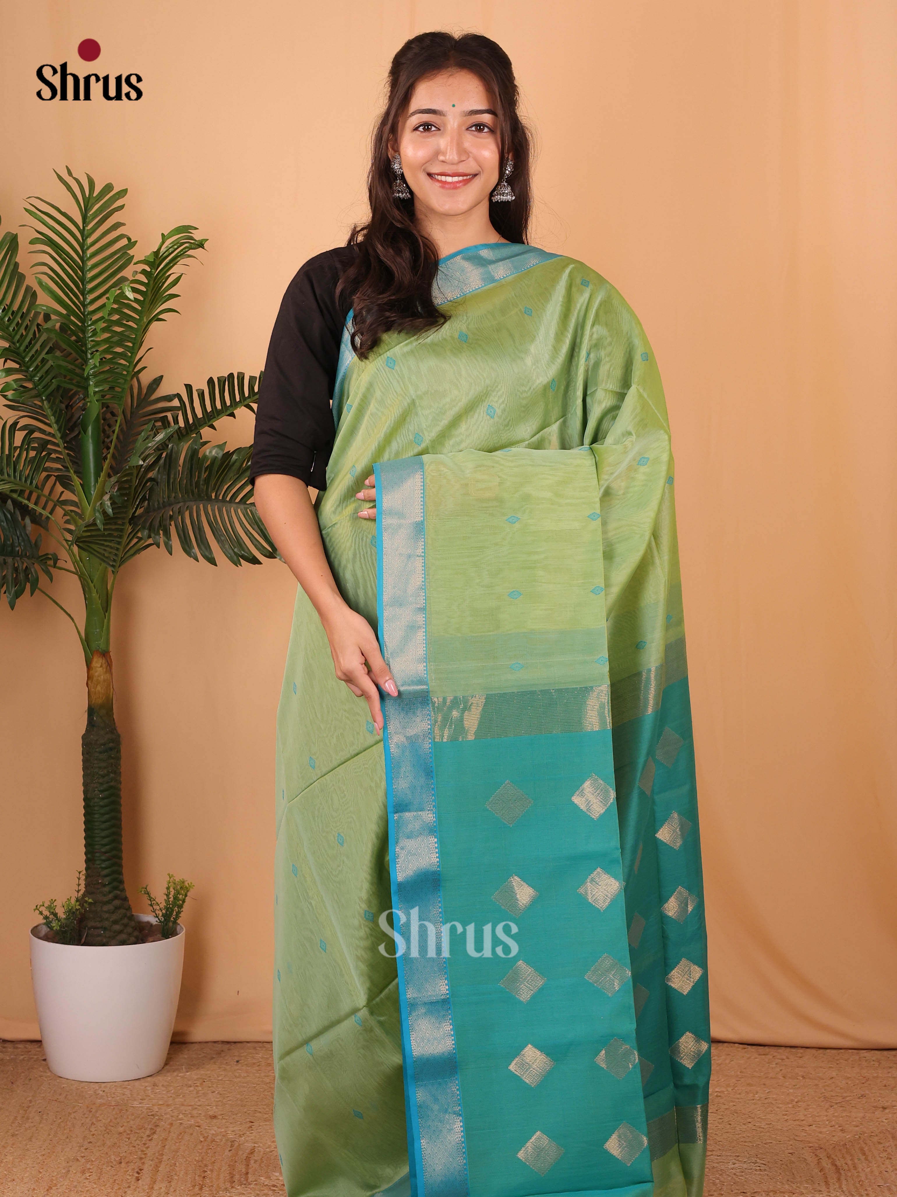 Pista Green & Teal - Maheshwari silkcotton Saree - Shop on Shrus.com