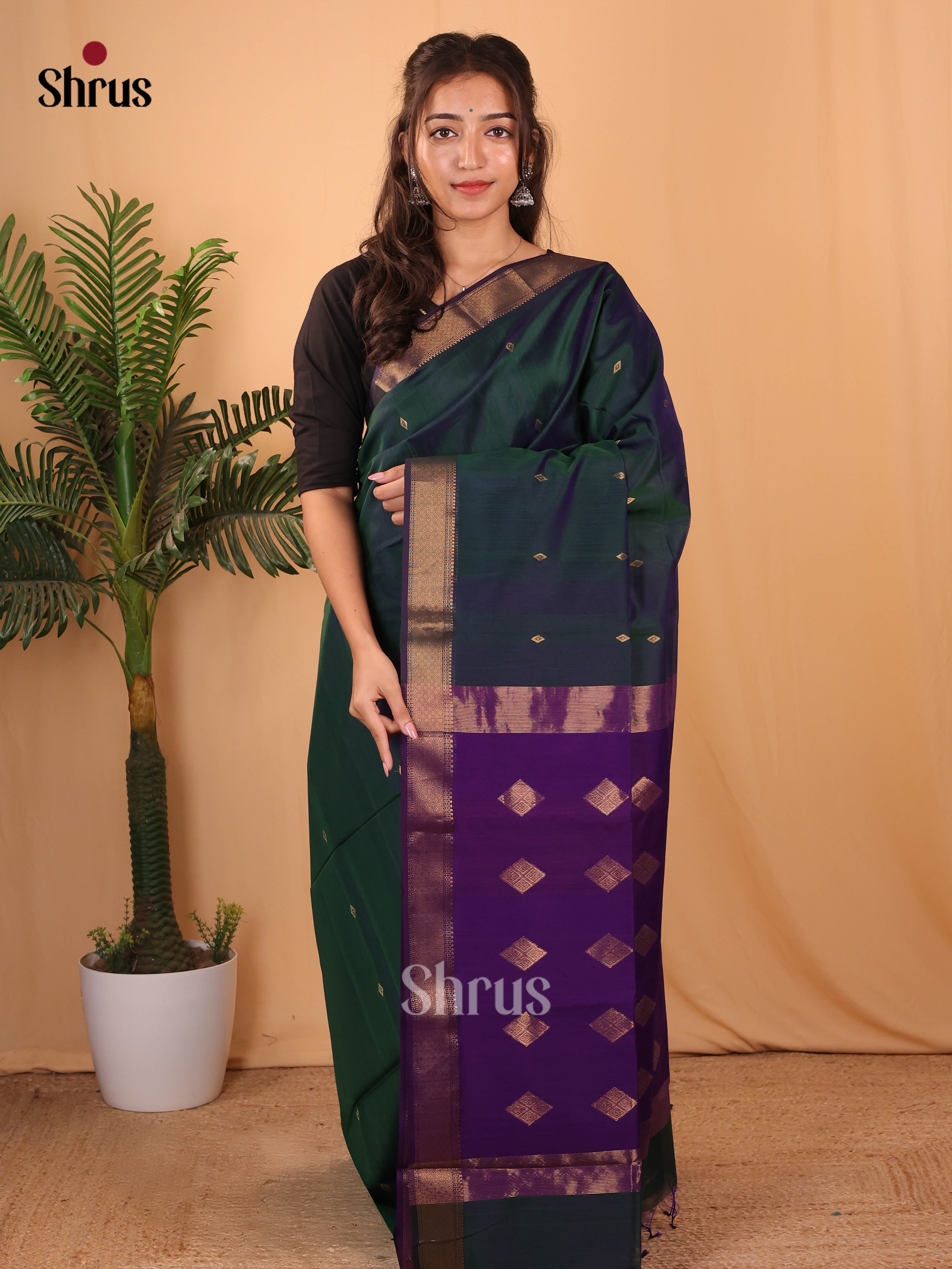 Green & Violet- Maheshwari silkcotton Saree - Shop on Shrus.com
