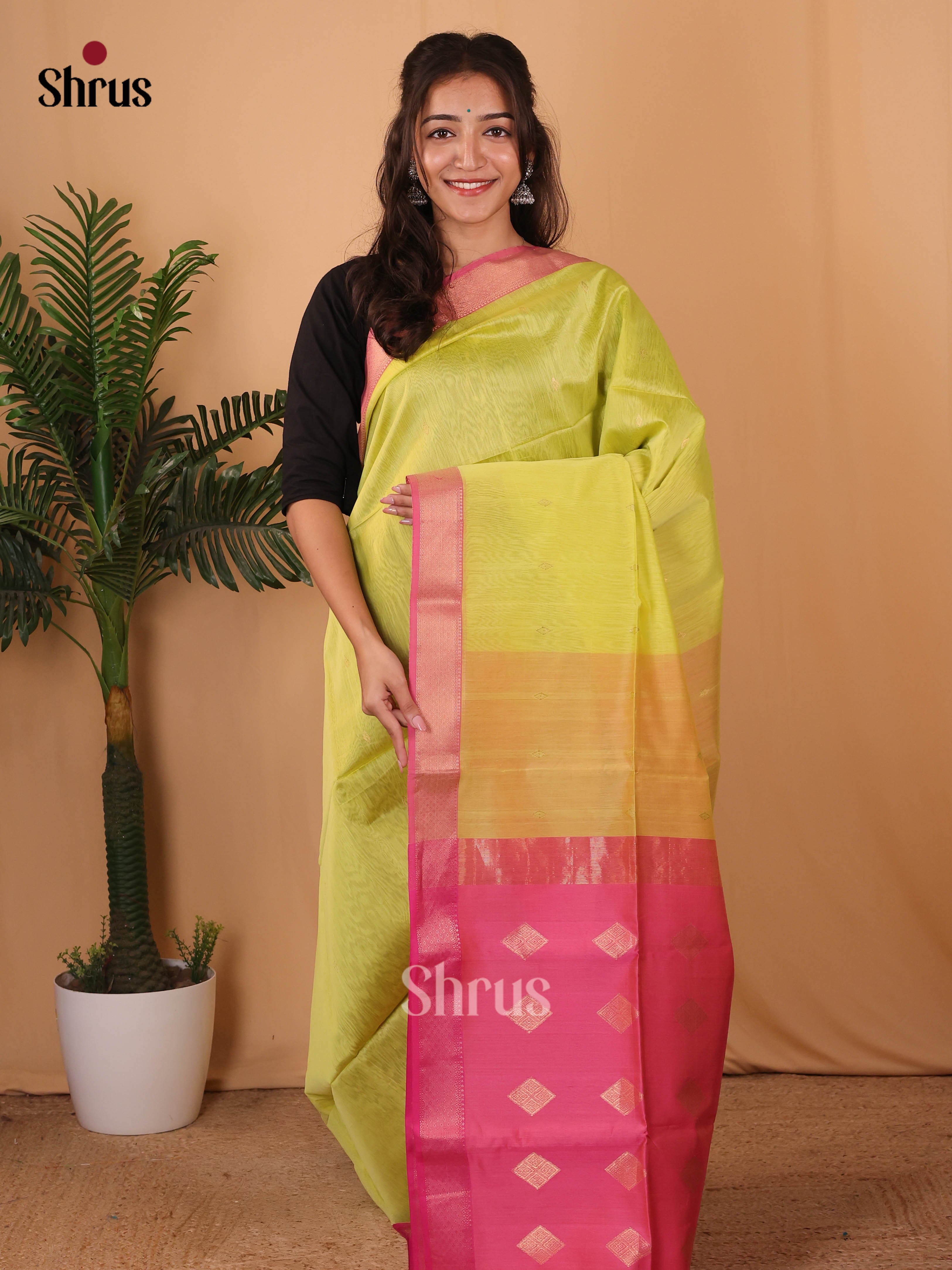 Green & Pink - Maheshwari silkcotton Saree - Shop on Shrus.com