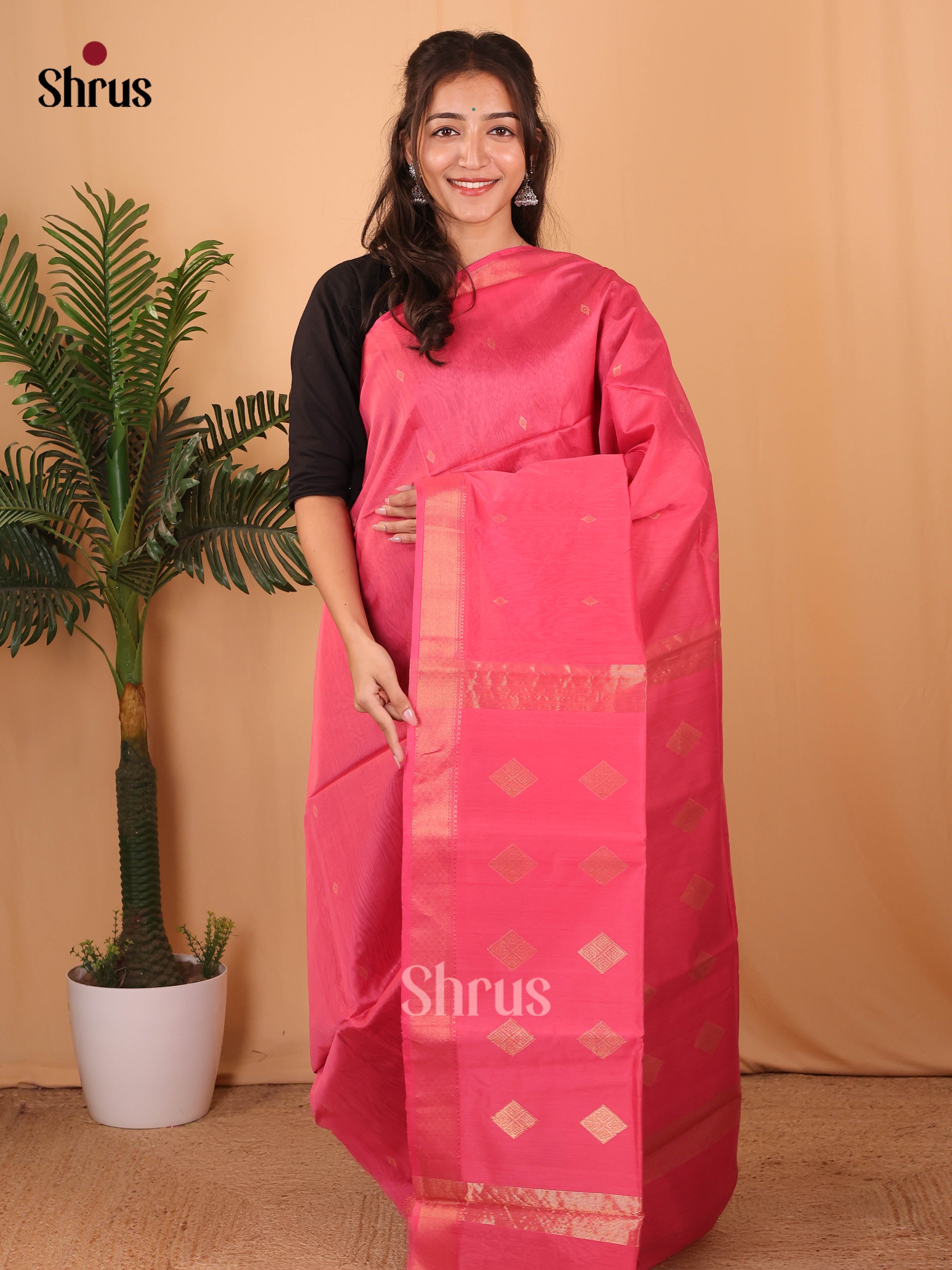 Pink(Single Tone) - Maheshwari silkcotton Saree - Shop on Shrus.com