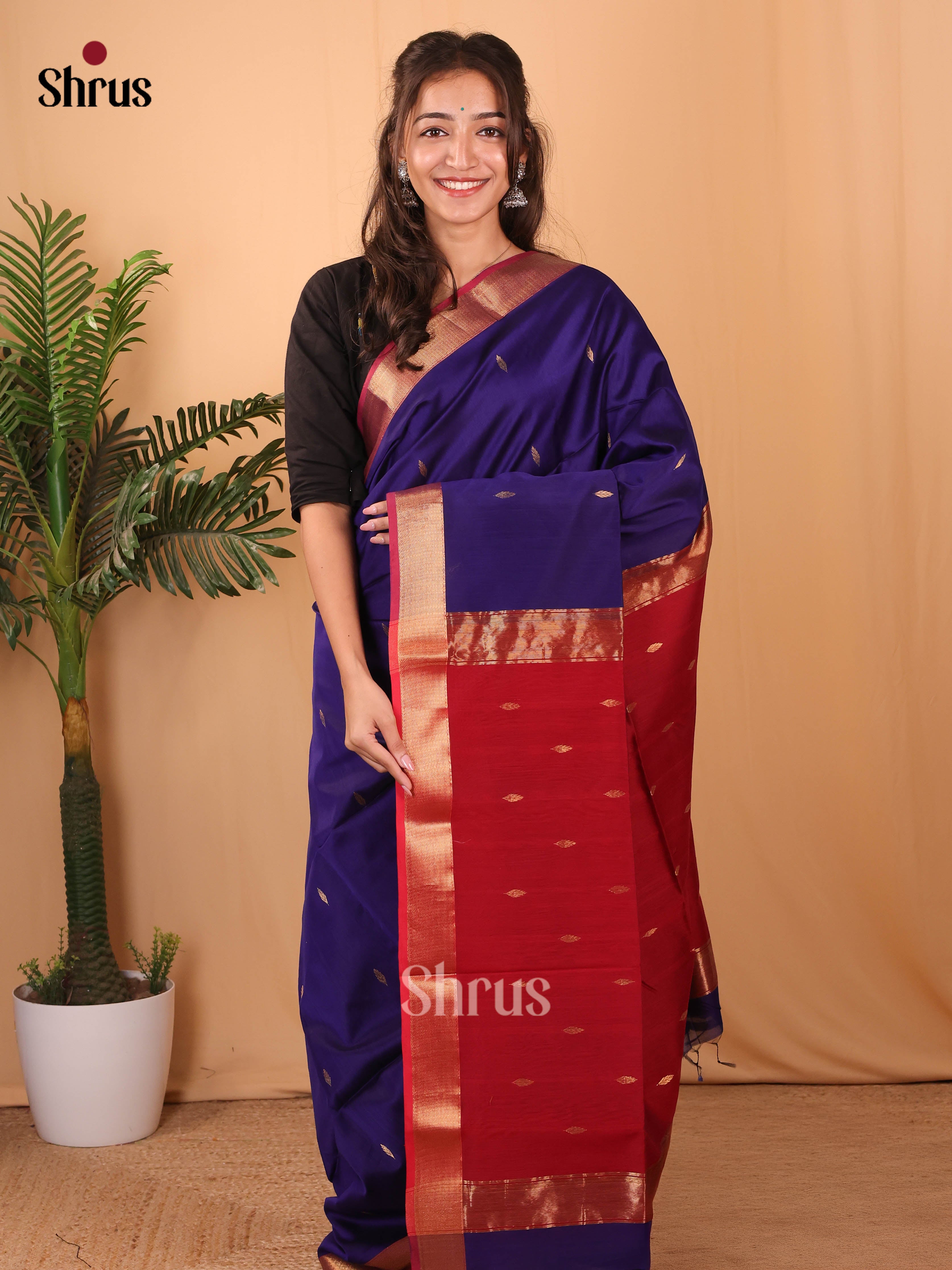 Blue & Red - Maheshwari silkcotton Saree - Shop on Shrus.com