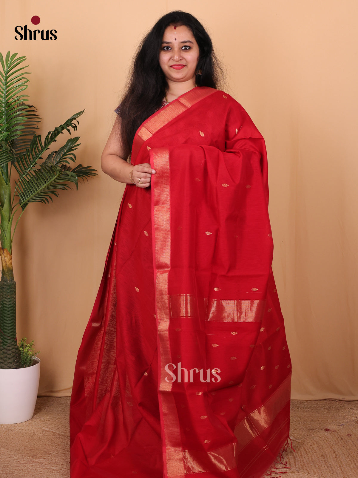 Red(Single Tone) -  Maheshwari silkcotton Saree - Shop on Shrus.com