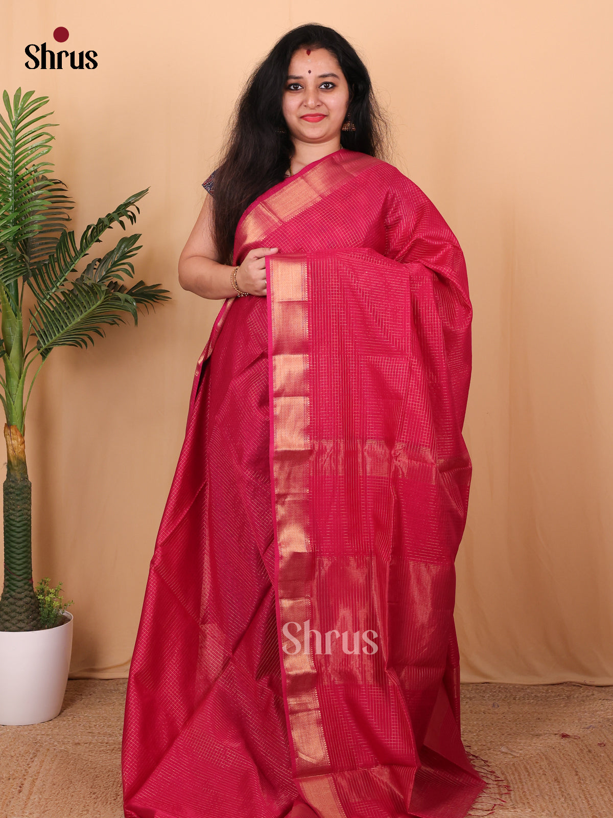 Reddish Pink(Single Tone) - Maheshwari silkcotton Saree - Shop on Shrus.com