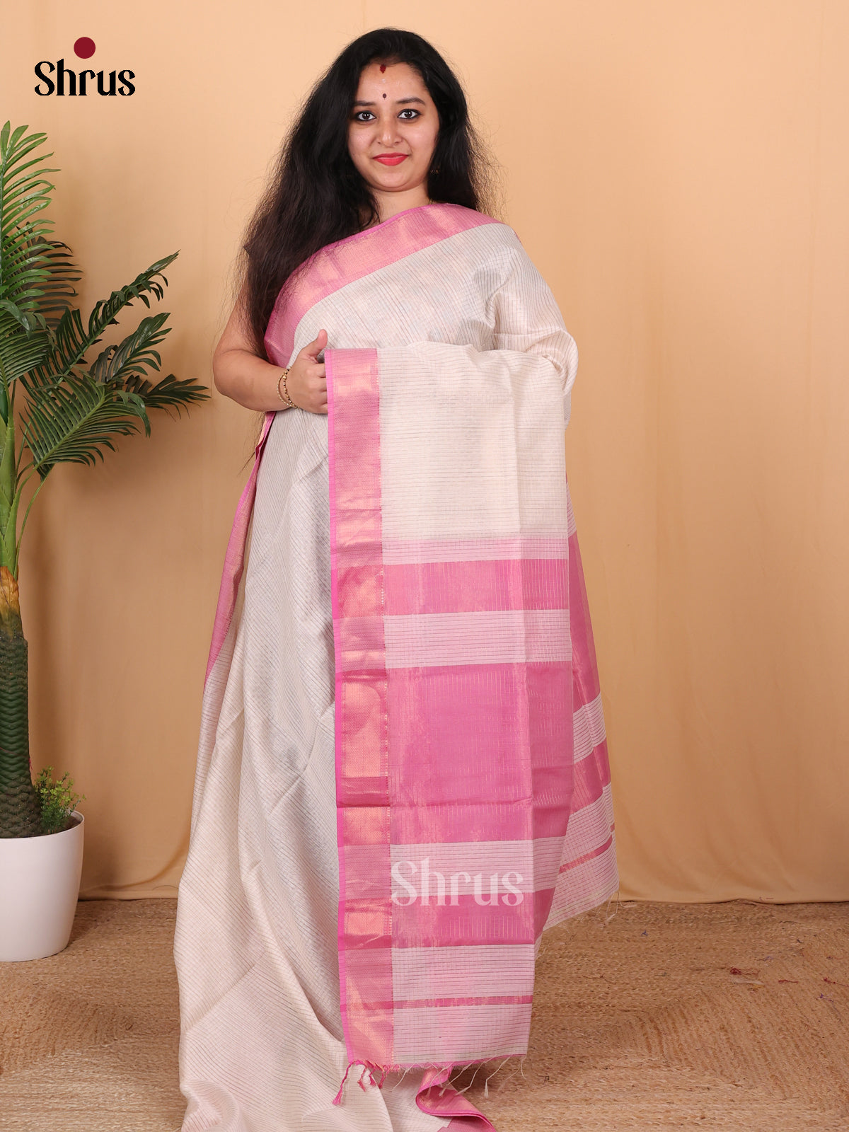 White  & Pink - Maheshwari silkcotton Saree - Shop on Shrus.com