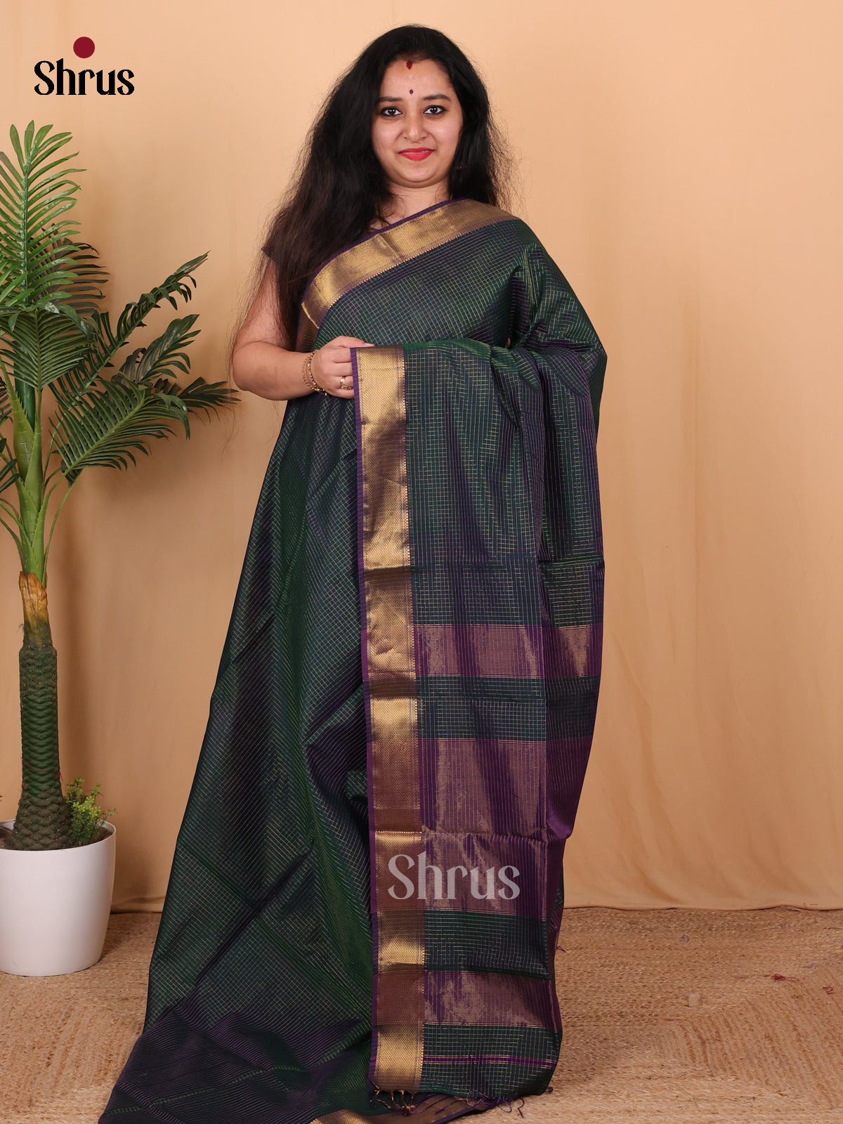 Green & Violet- Maheshwari silkcotton Saree - Shop on Shrus.com