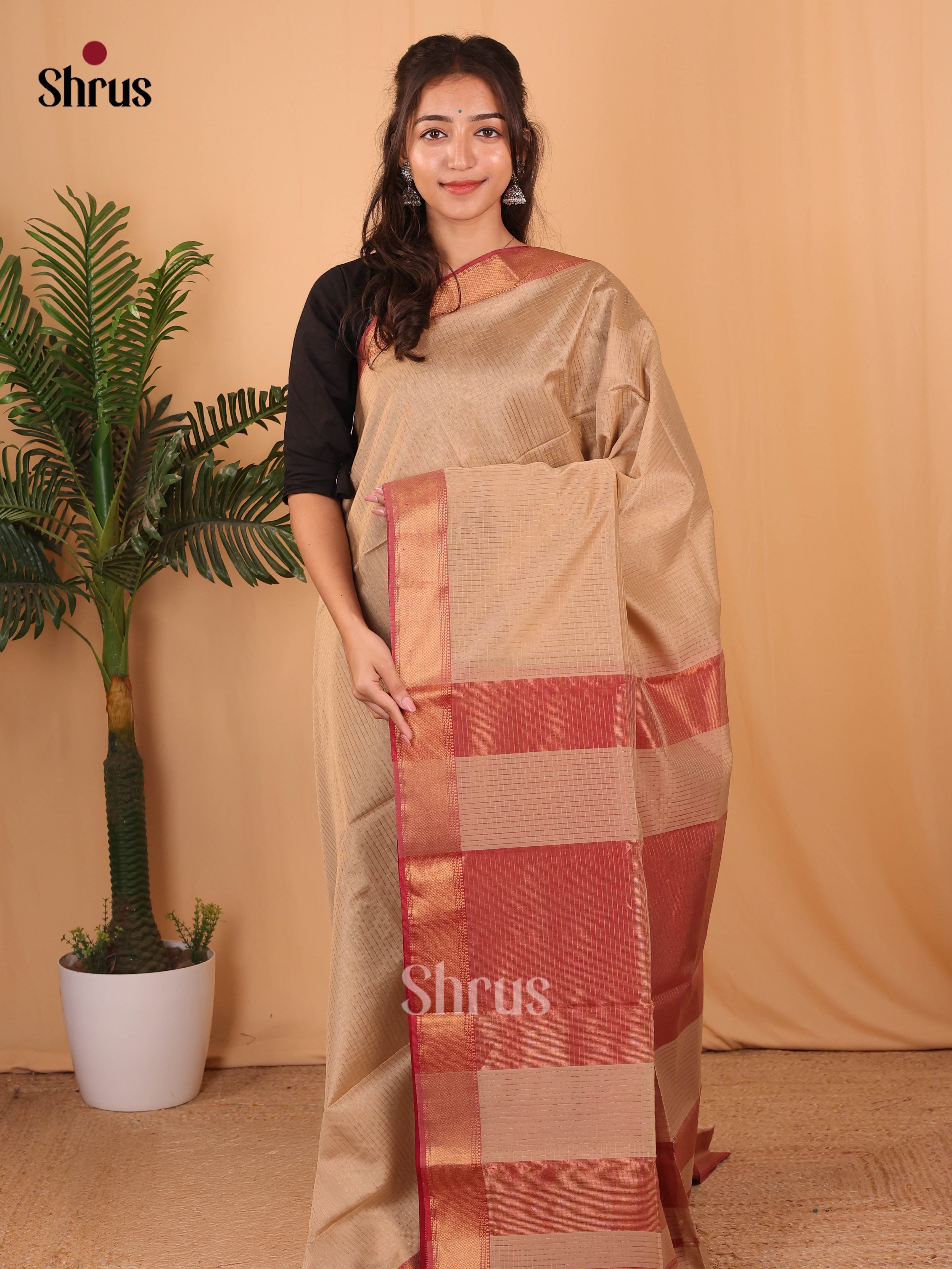 Beige & Red - Maheshwari silkcotton Saree - Shop on Shrus.com