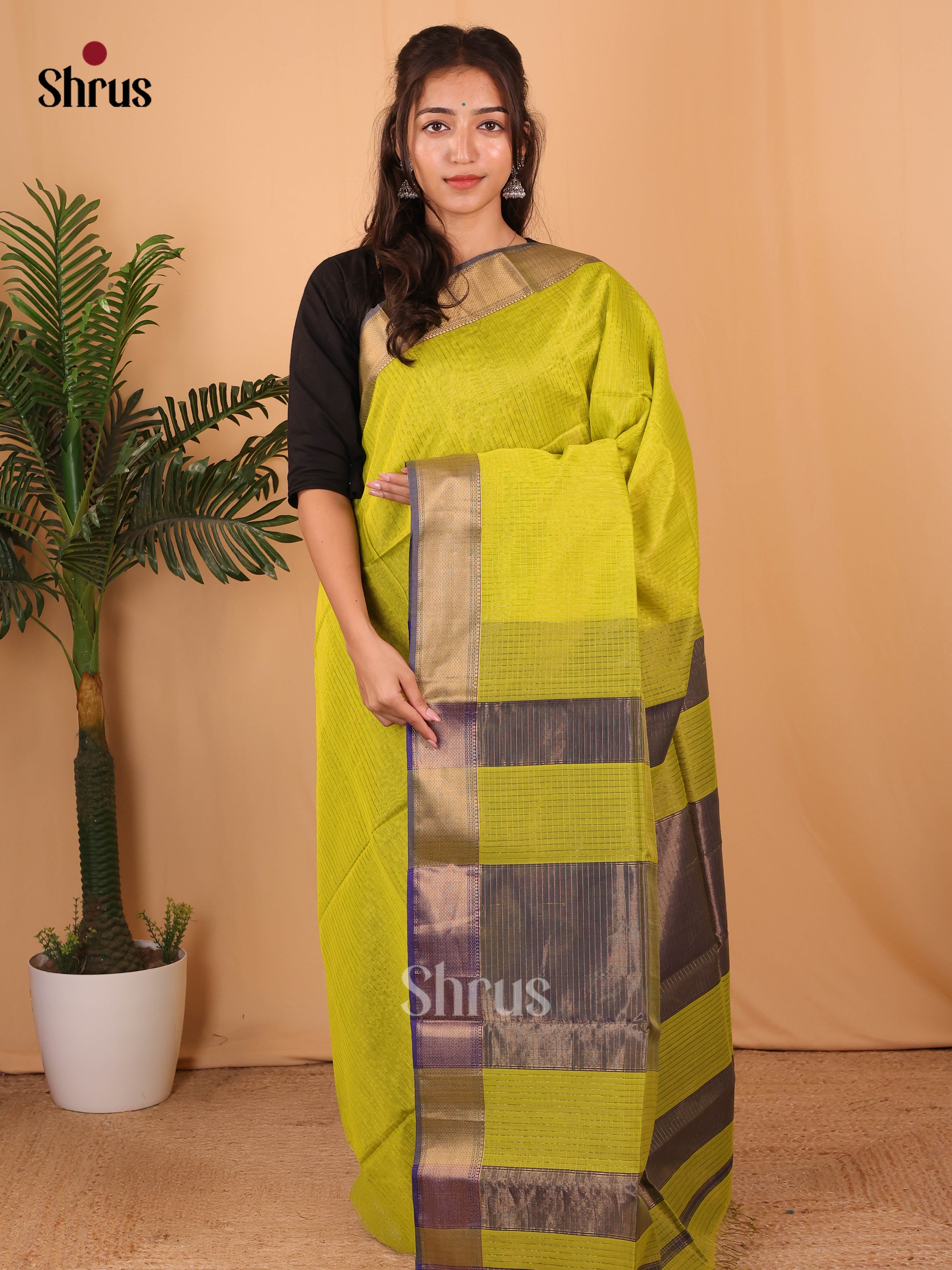 Green & Purple - Maheshwari silkcotton Saree - Shop on Shrus.com