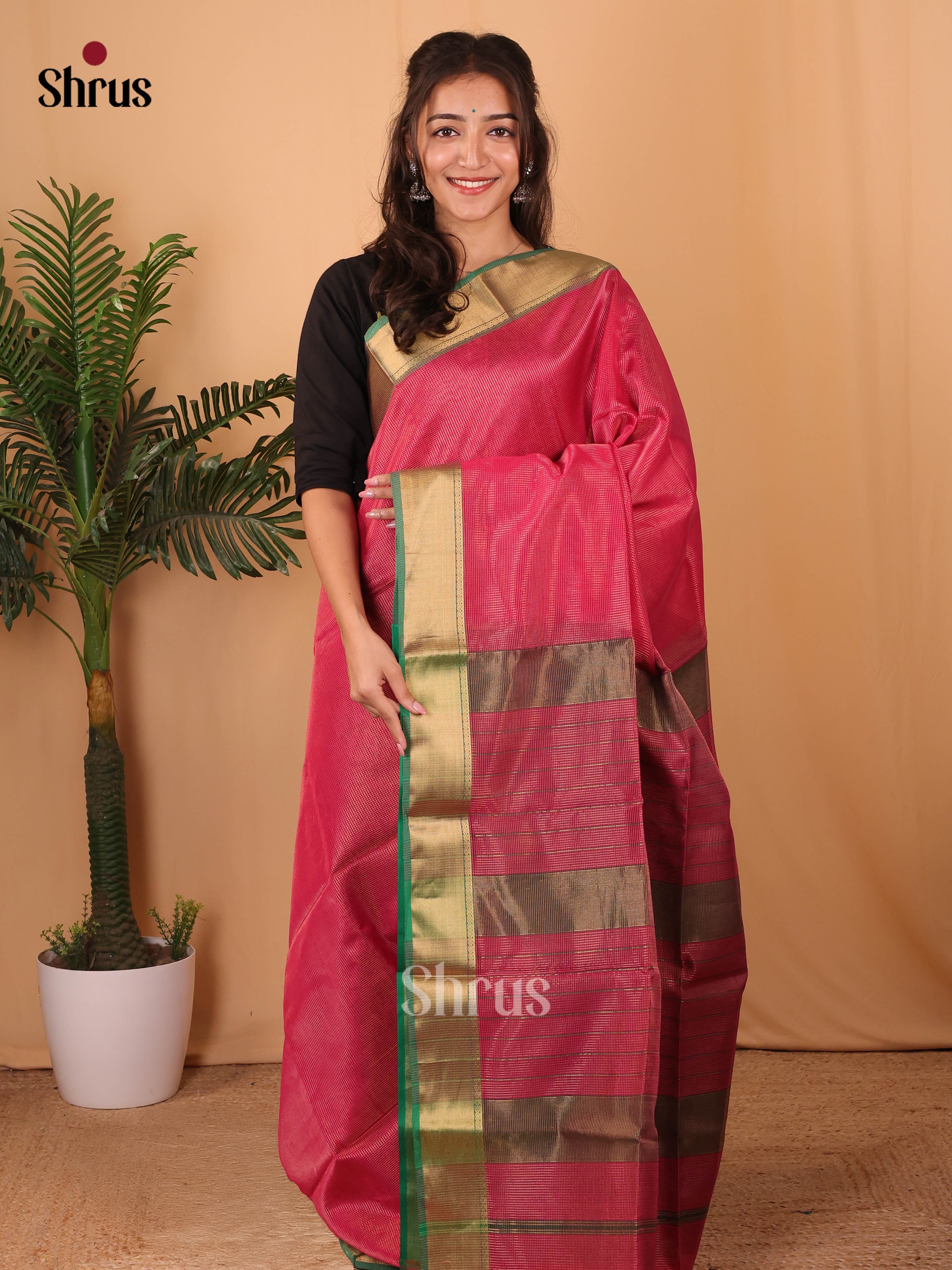 Pink & Double Shaded Green- Maheshwari silkcotton Saree - Shop on Shrus.com